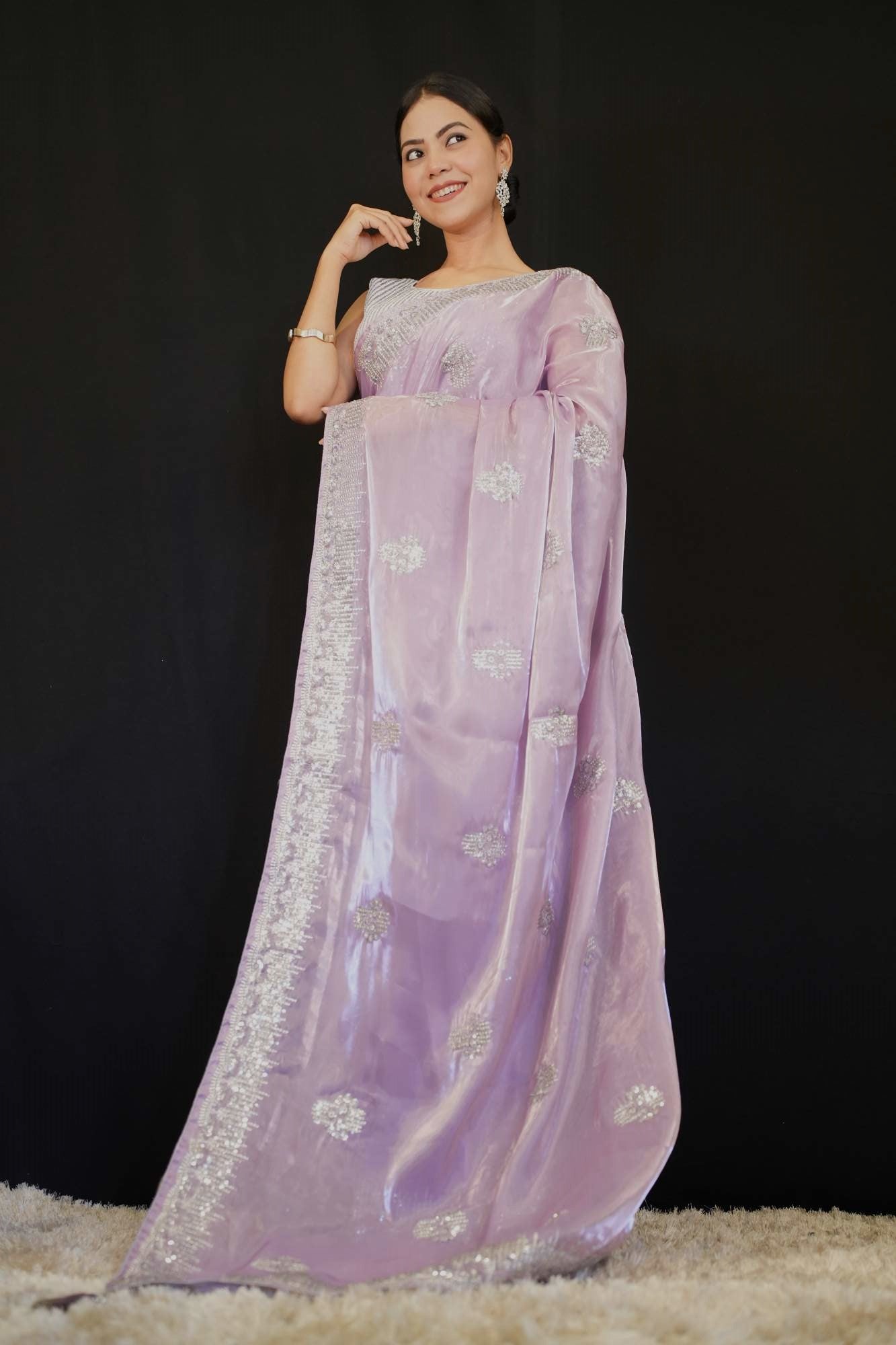 Lavender Traditional Sequin & Zari Embroidered With Pure Crystal Silk Jimmy Choo Wrap in 1 minute saree