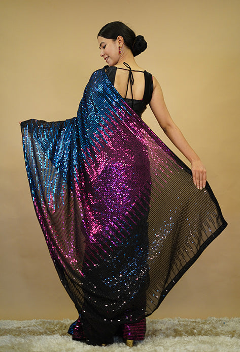 Party Wear Beautiful Multi Color Delicate Sequin Embellished  Pure Georgette Ready TO Wear Saree