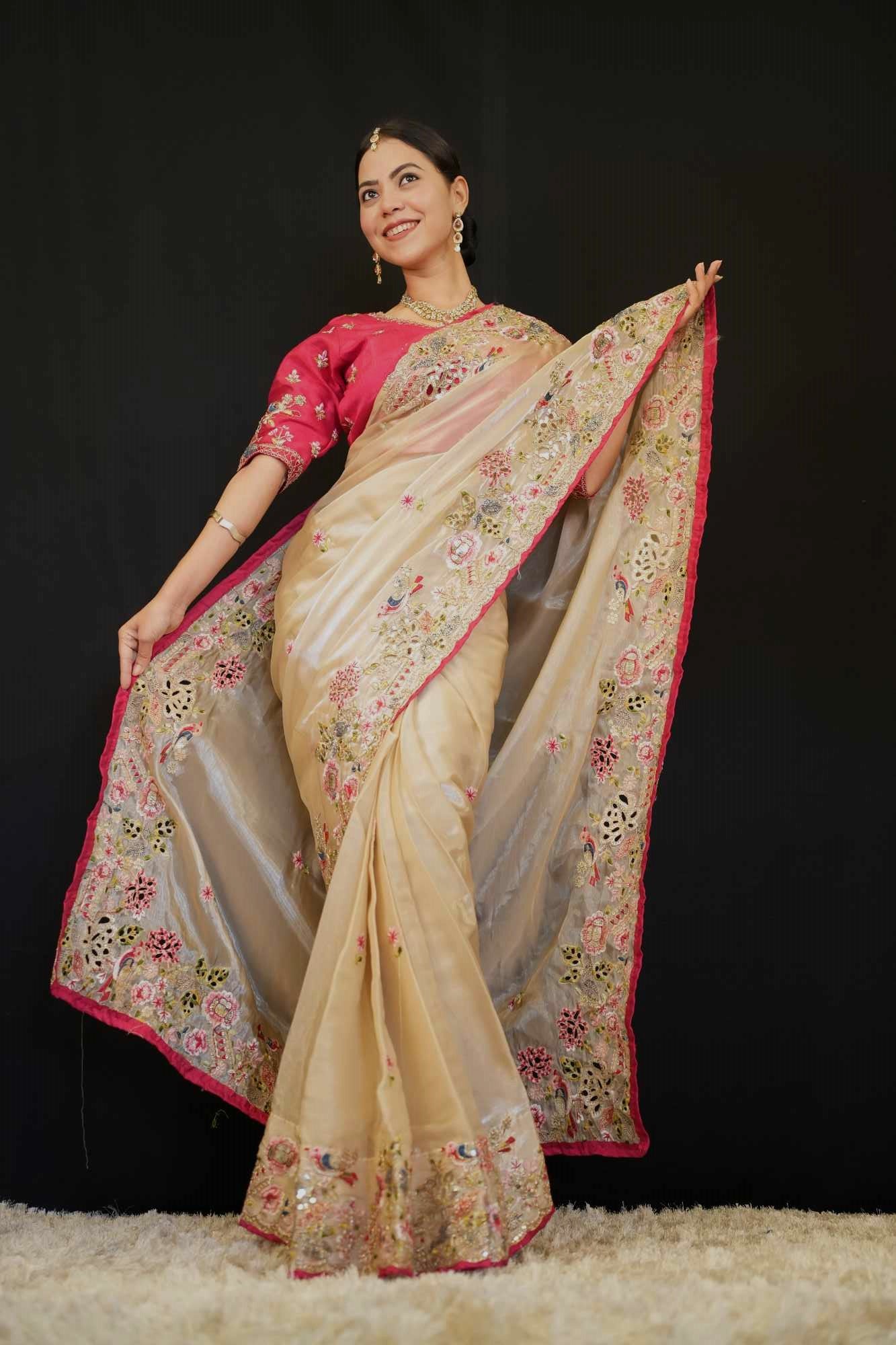 Ready to wear saree Soft Jimmy Cho with Heavy Embroidery Multi Treads Work With Sequin & Piping  Pre stitched Saree