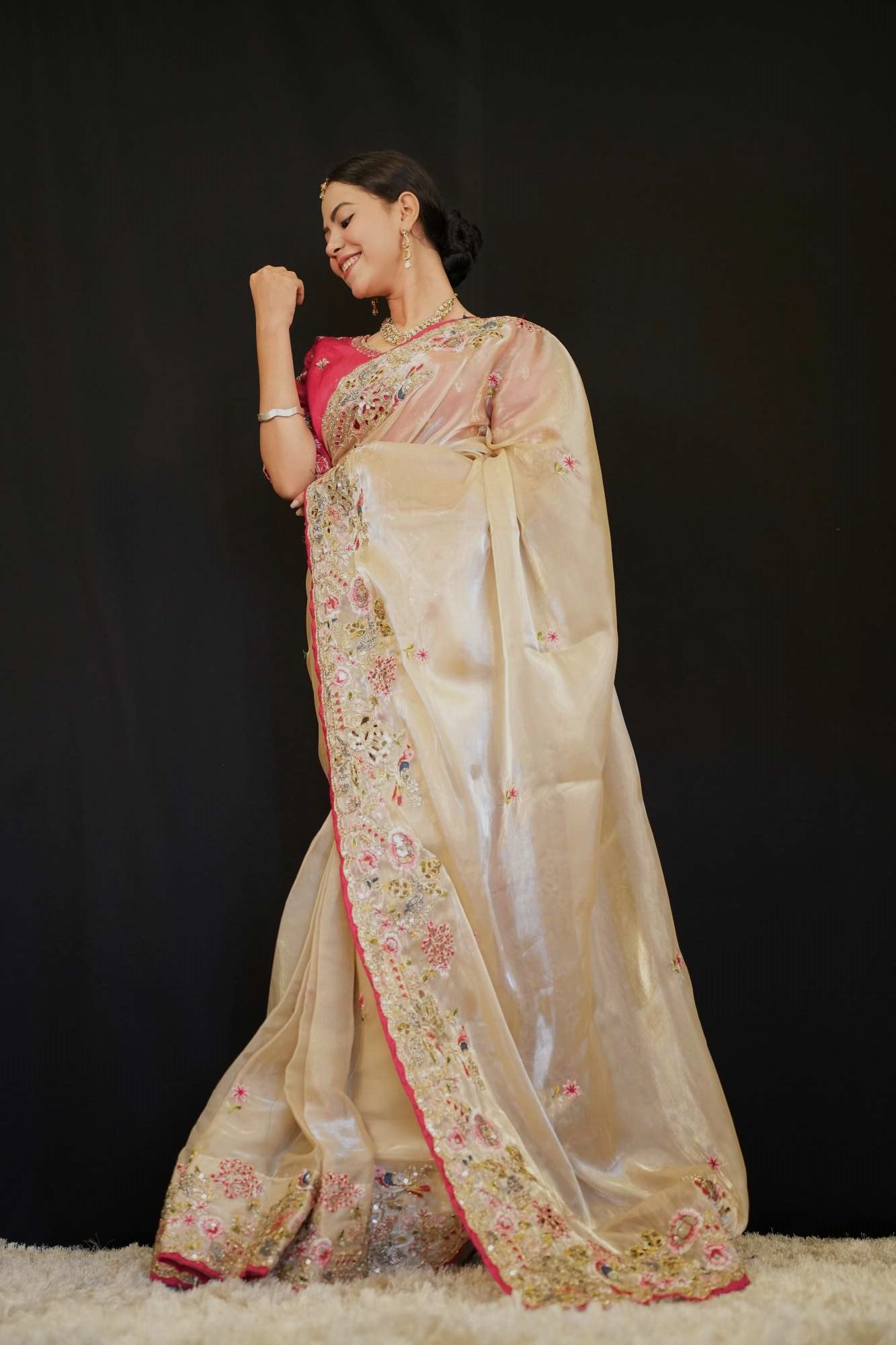 Ready to wear saree Soft Jimmy Cho with Heavy Embroidery Multi Treads Work With Sequin & Piping  Pre stitched Saree