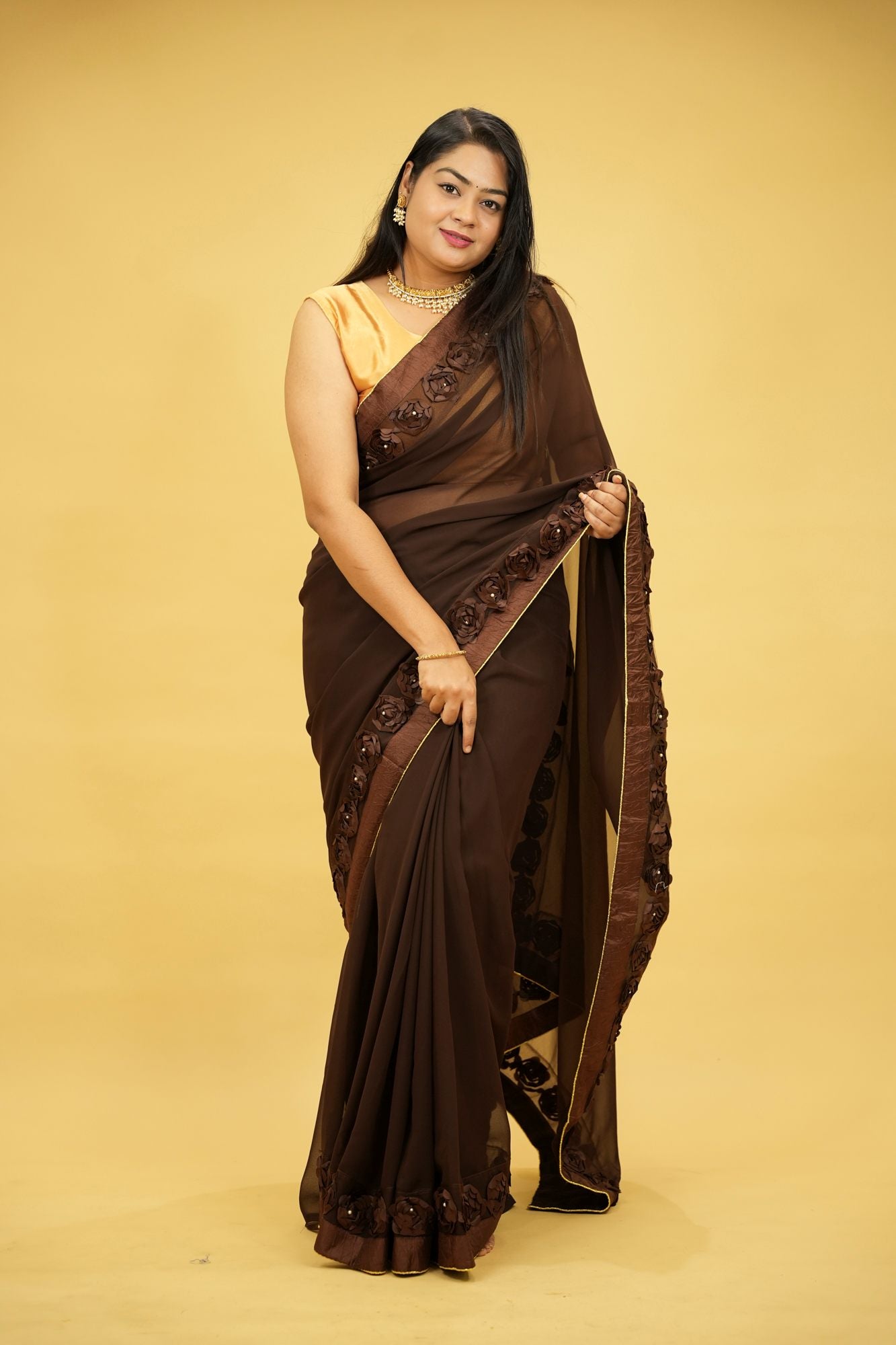 Poly Georgette with 3D Floral Embellished Border Ready To Wear Saree