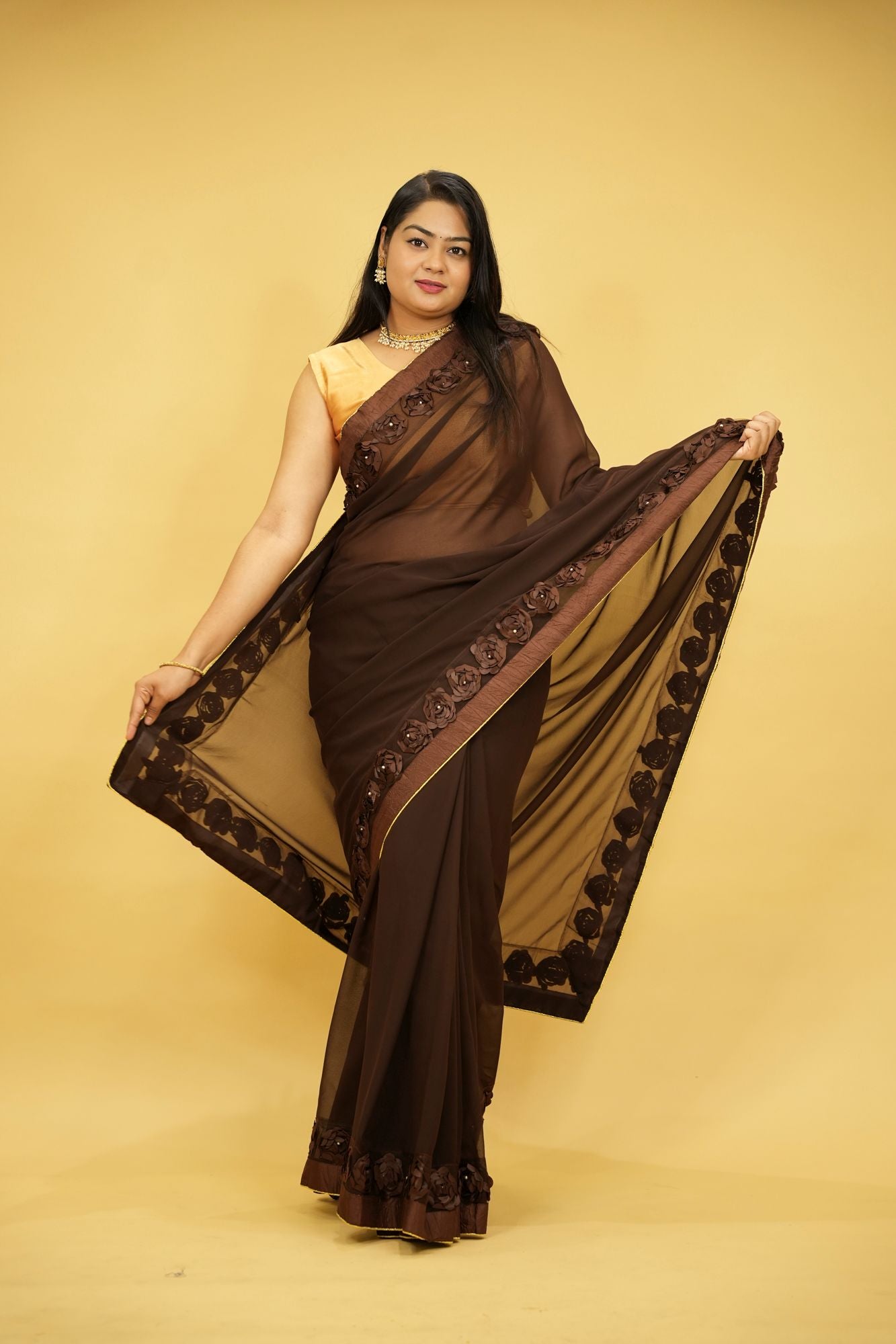 Poly Georgette with 3D Floral Embellished Border Ready To Wear Saree