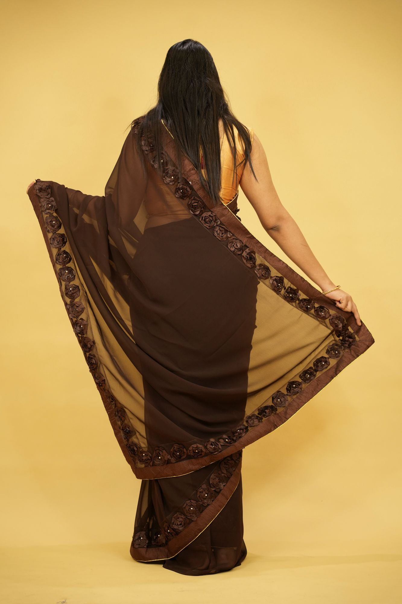 Poly Georgette with 3D Floral Embellished Border Ready To Wear Saree