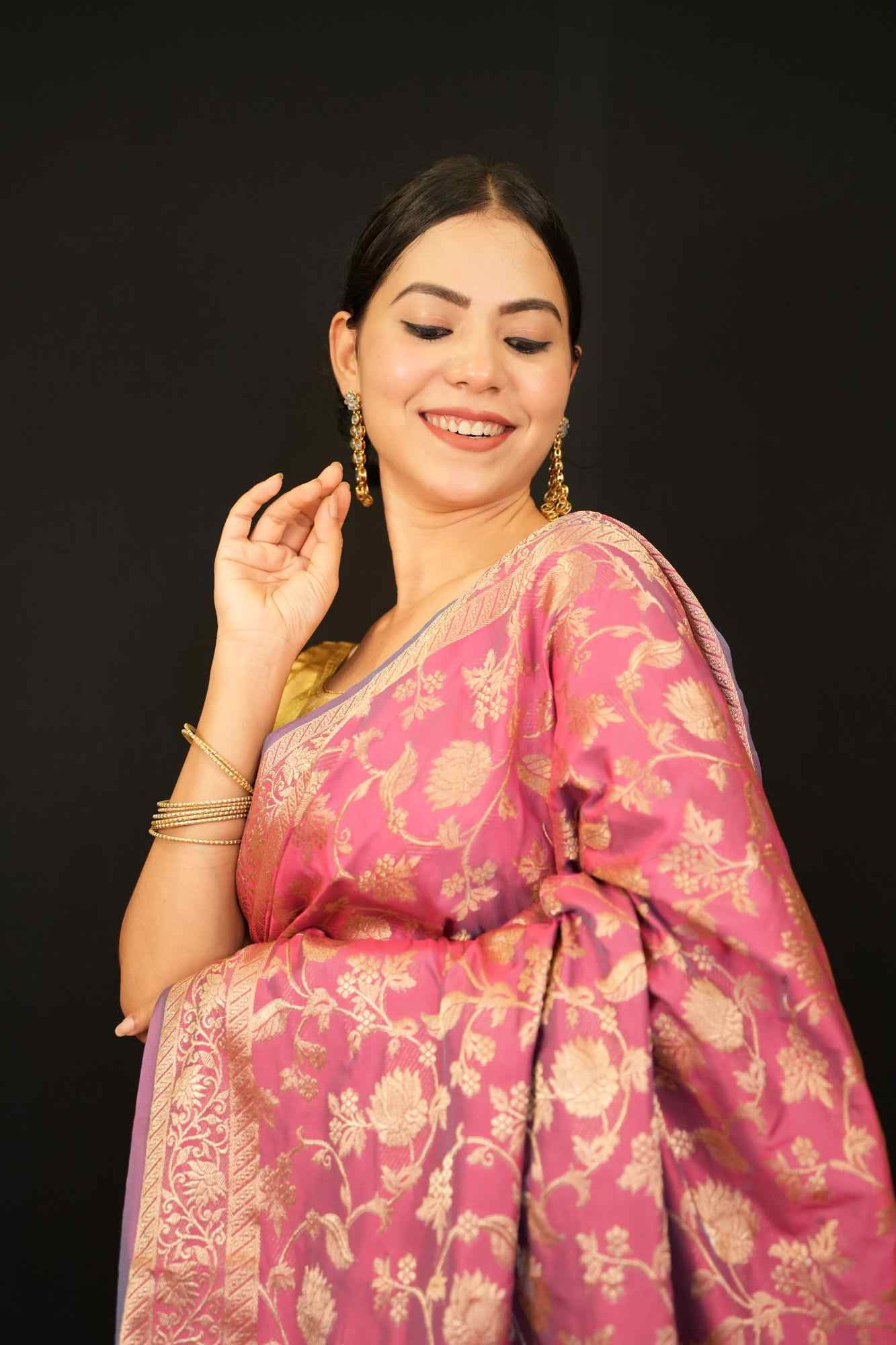 Rich Pink Soft Banarsi With Heavy Zari Jaal Woven & Ornate Pallu Ready To Wear Saree