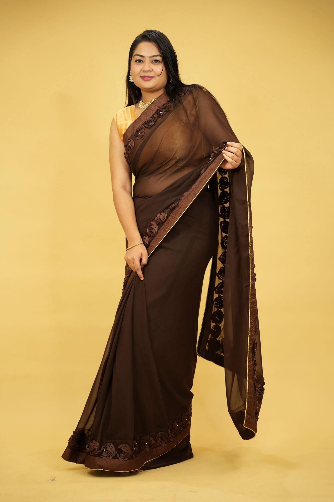 Poly Georgette with 3D Floral Embellished Border Ready To Wear Saree