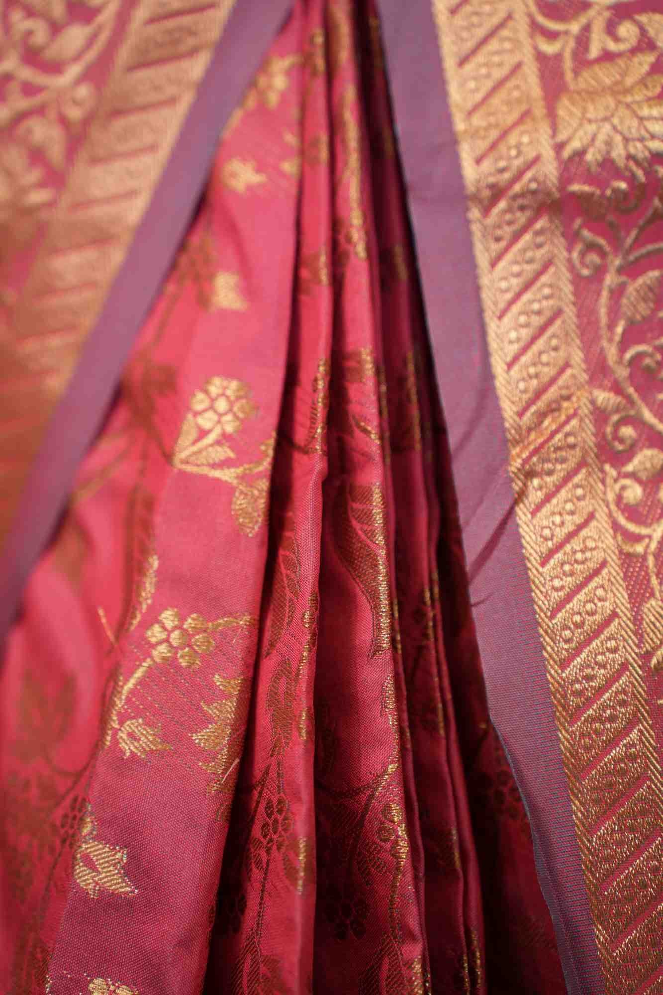 Rich Pink Soft Banarsi With Heavy Zari Jaal Woven & Ornate Pallu Ready To Wear Saree