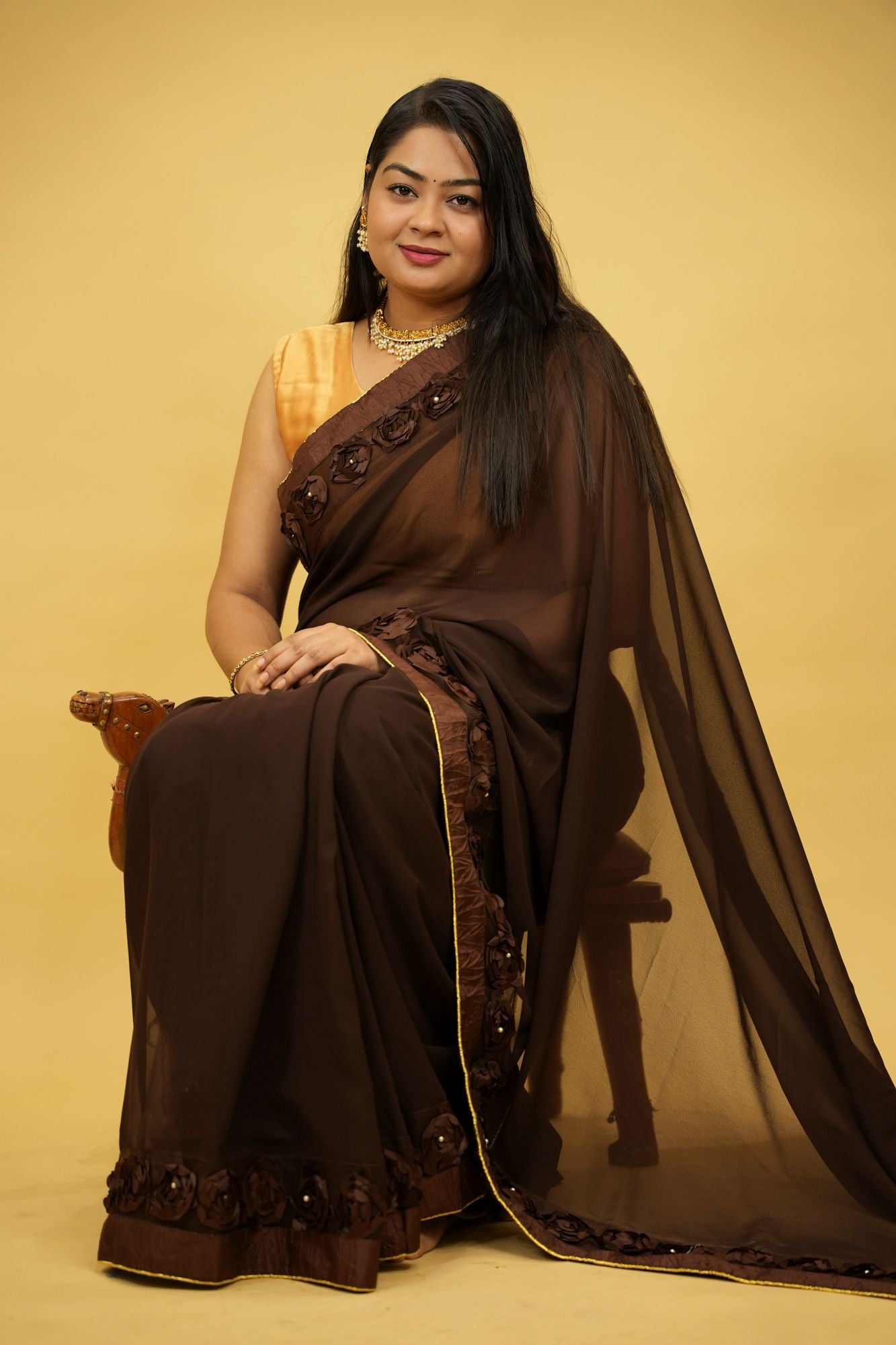 Poly Georgette with 3D Floral Embellished Border Ready To Wear Saree