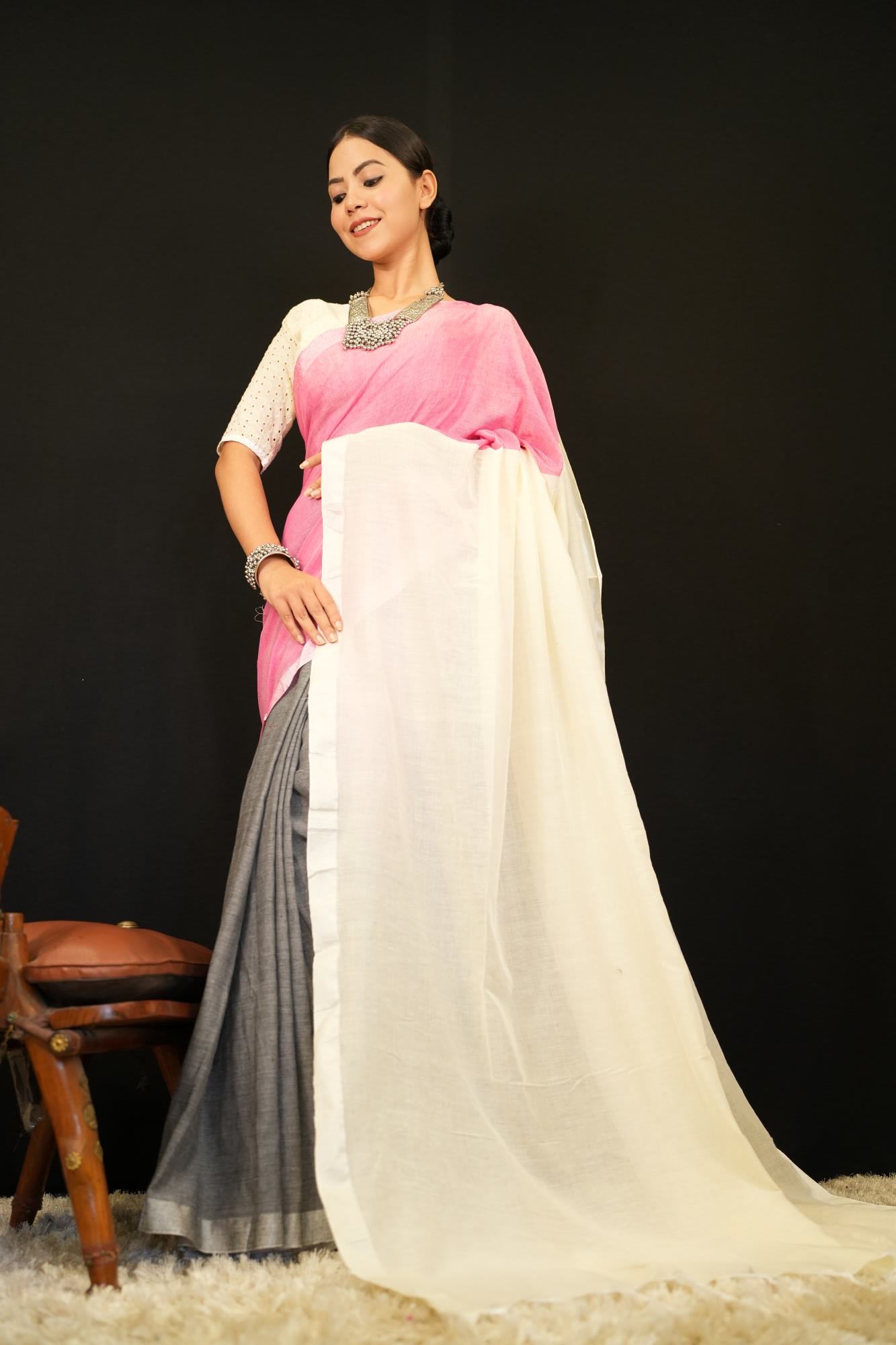 Classy Colorblocked  Khadi Cotton with Solid Bordered  Wrap in 1 minute Saree