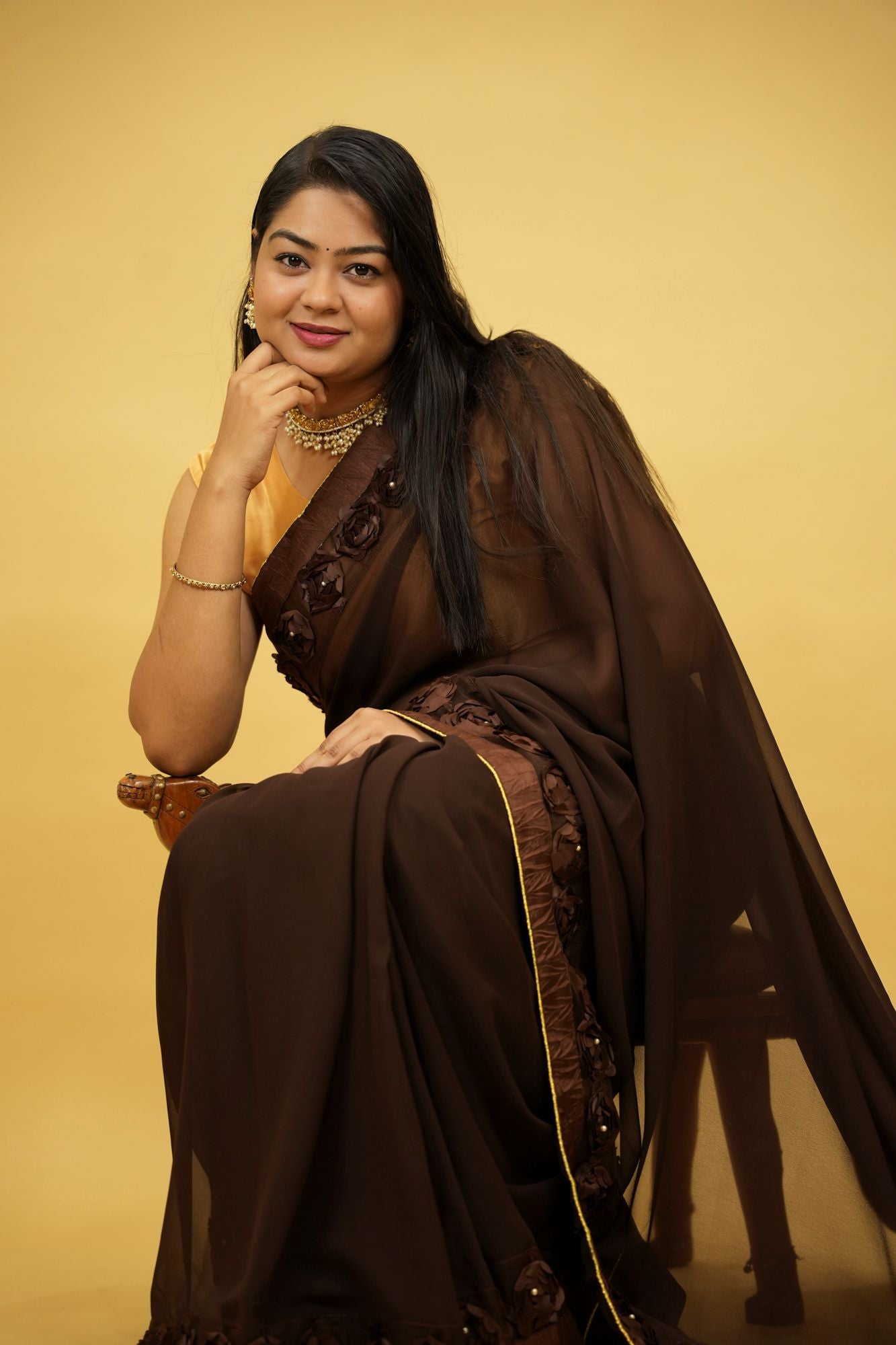 Poly Georgette with 3D Floral Embellished Border Ready To Wear Saree