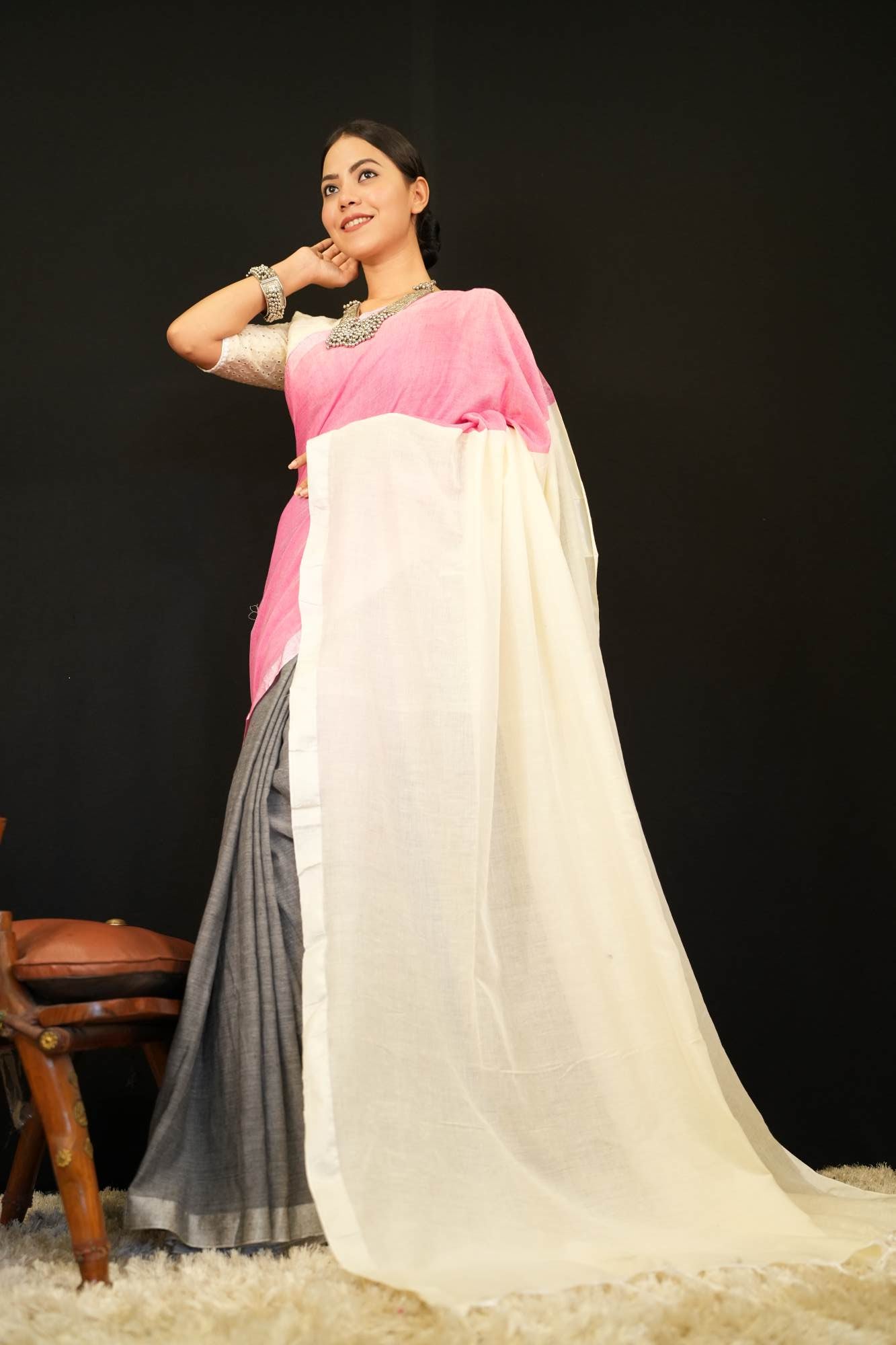 Classy Colorblocked  Khadi Cotton with Solid Bordered  Wrap in 1 minute Saree