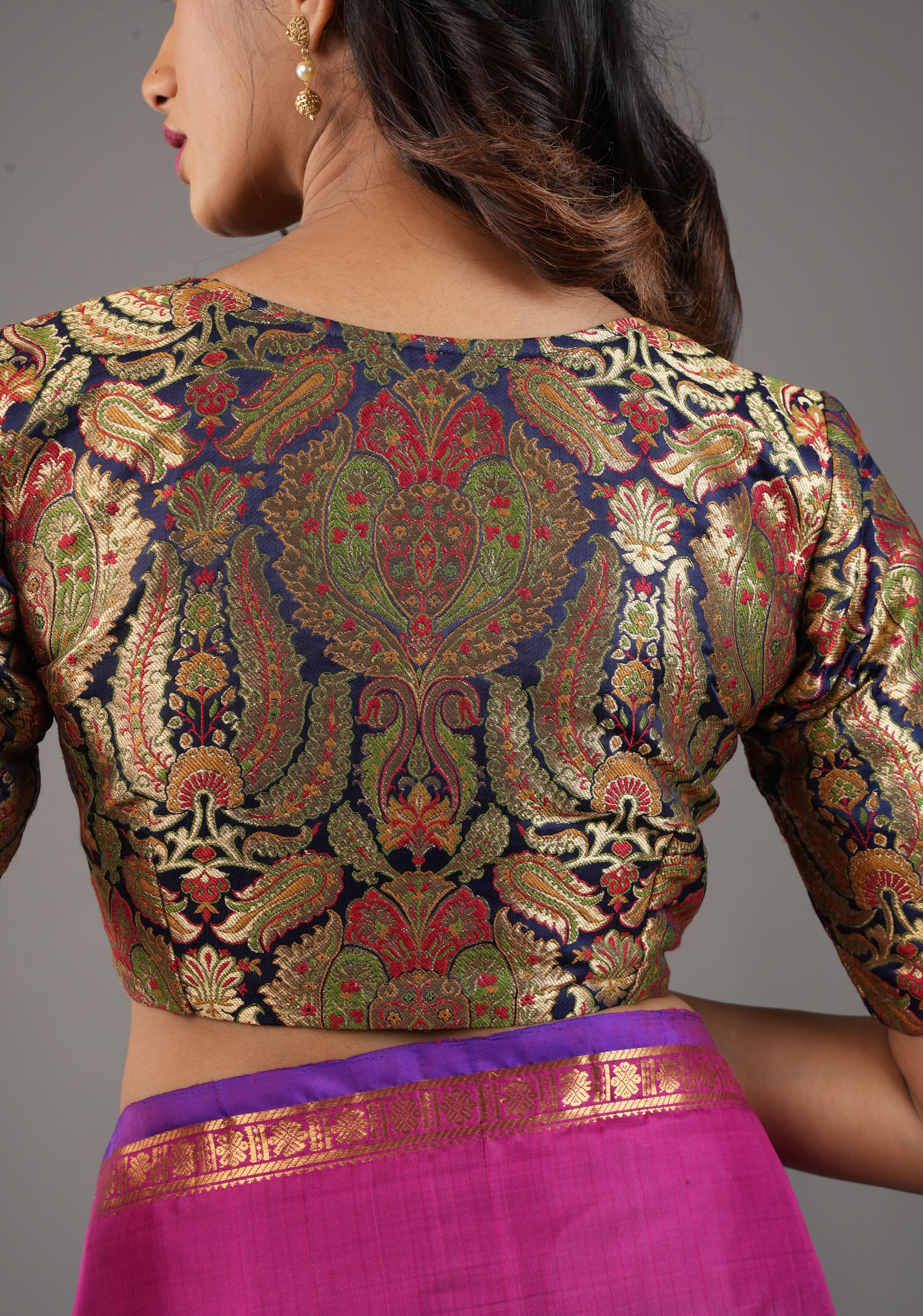 Khimkhwab Meenakari Brocade Blouse in Navy Blue Base and Arch Neck, customizable, made-to-order | Shobitam