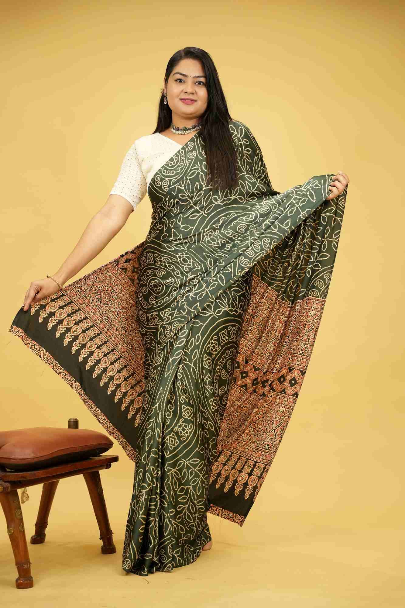 Soft Gajji with Intricate Patterns Ajrakh Detailing Ready To Wear Saree