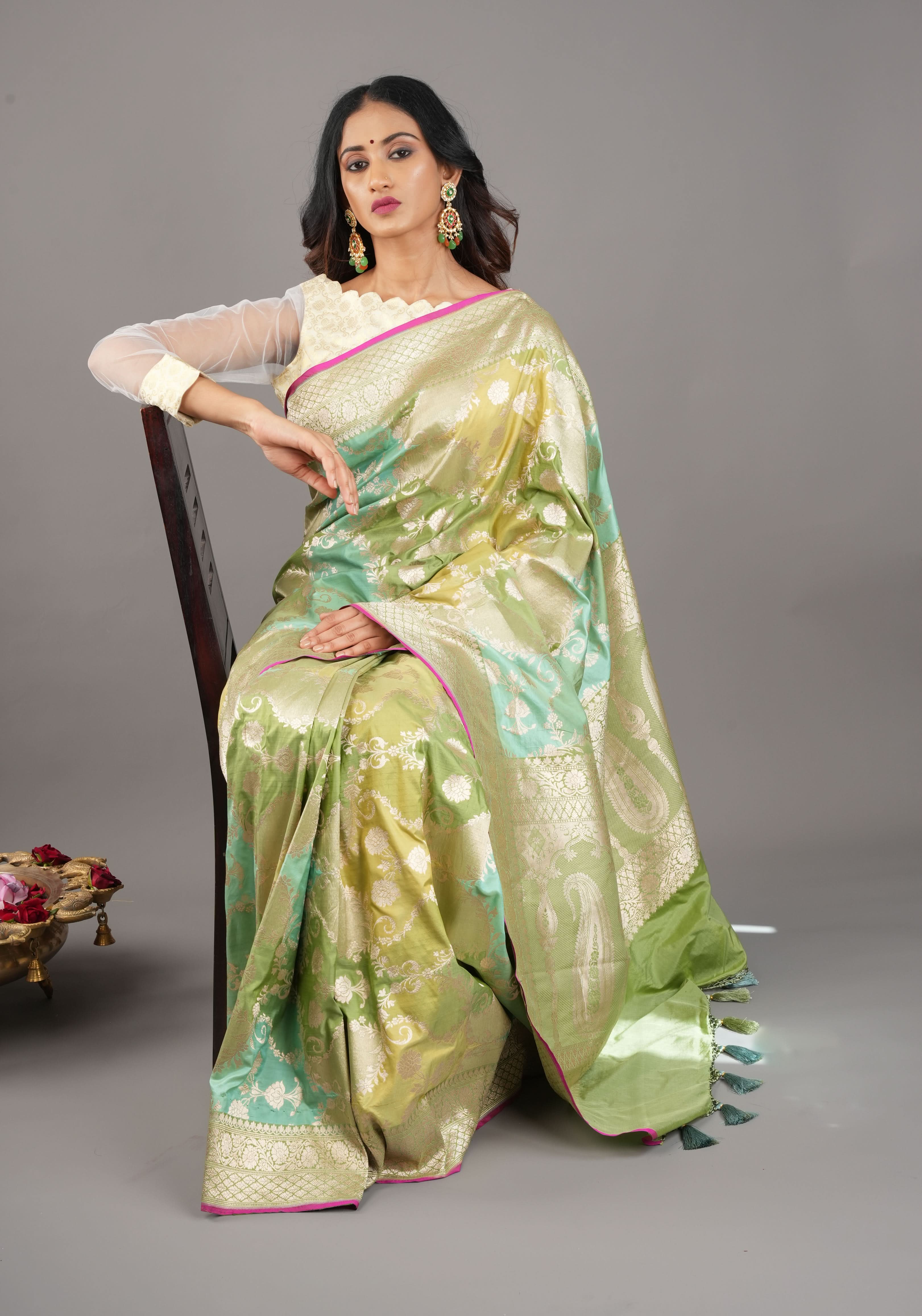 Ivory Kanjivaram Brocade Pure Silk Blouse with Scalloped Neckline and Sheer Sleeves, customizable, made-to-order | Shobitam