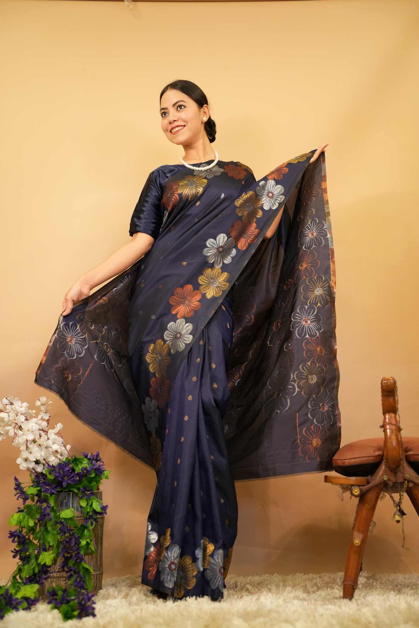 Kanjeevaram With Flower Printed & overall Polka Wrap in 1 minute Saree