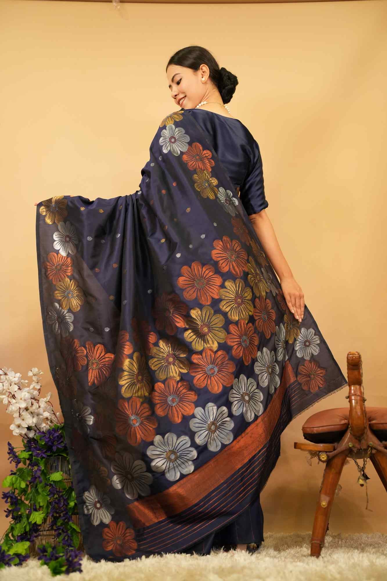 Kanjeevaram With Flower Printed & overall Polka Wrap in 1 minute Saree