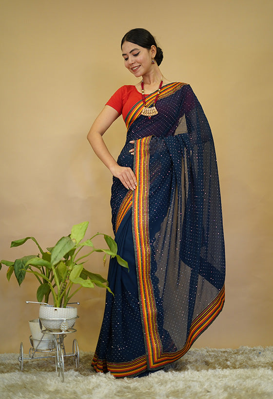 Elegant Navyblue  Georgette With Multi Color Border And Over All  Crystal Embellished Wrap in 1 minute saree