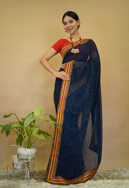Elegant Navyblue  Georgette With Multi Color Border And Over All  Crystal Embellished Wrap in 1 minute saree