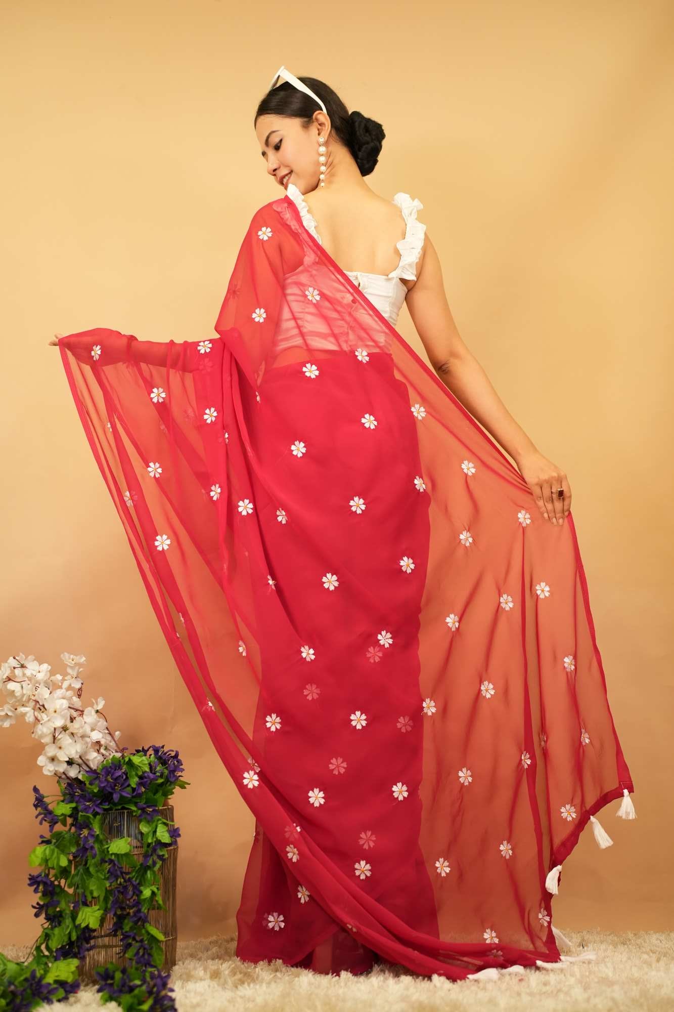 Light weight Georgette With Floral Thread Embroidery And Tassels On Pallu Wrap in 1 minute Saree