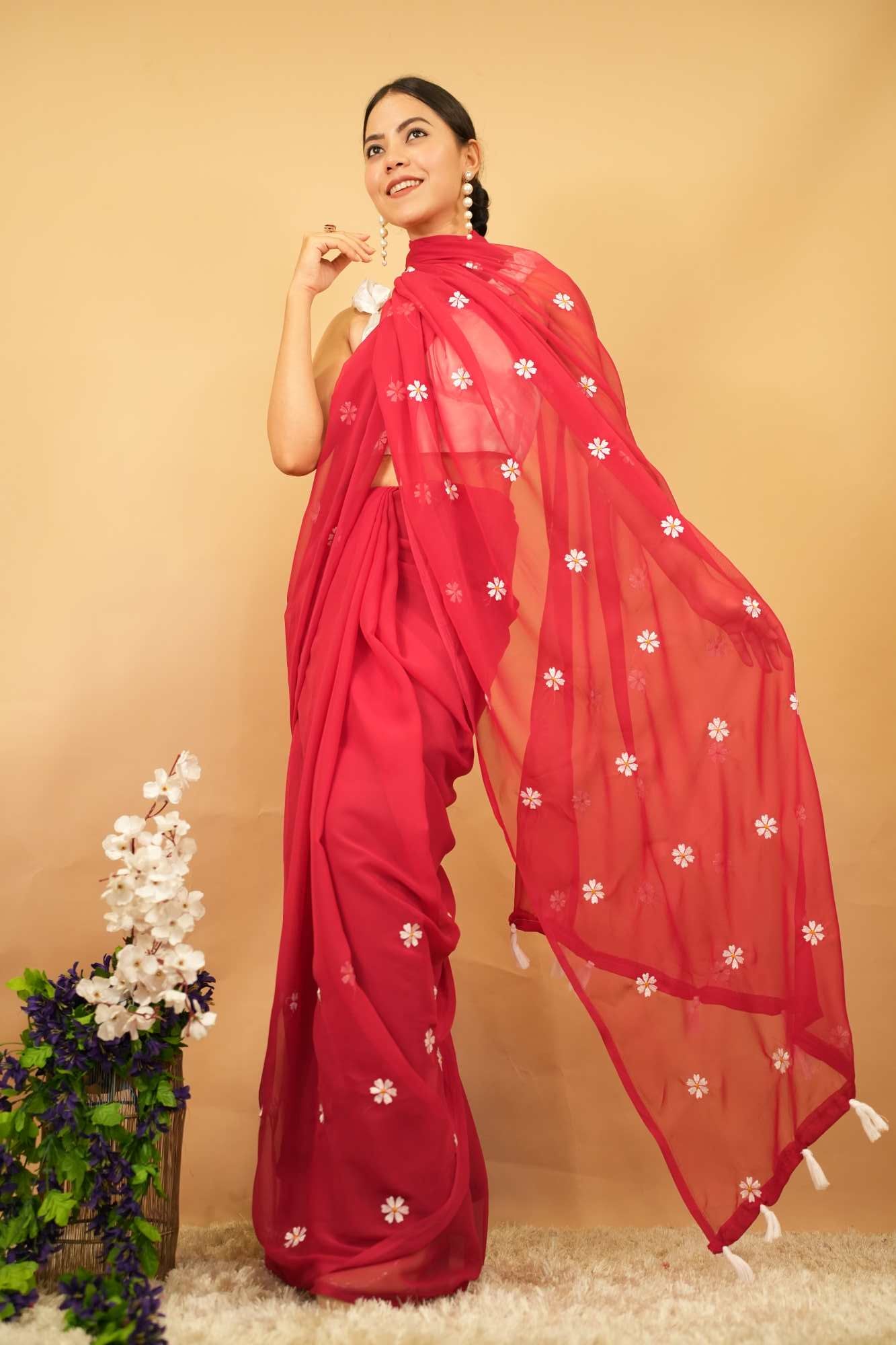 Light weight Georgette With Floral Thread Embroidery And Tassels On Pallu Wrap in 1 minute Saree