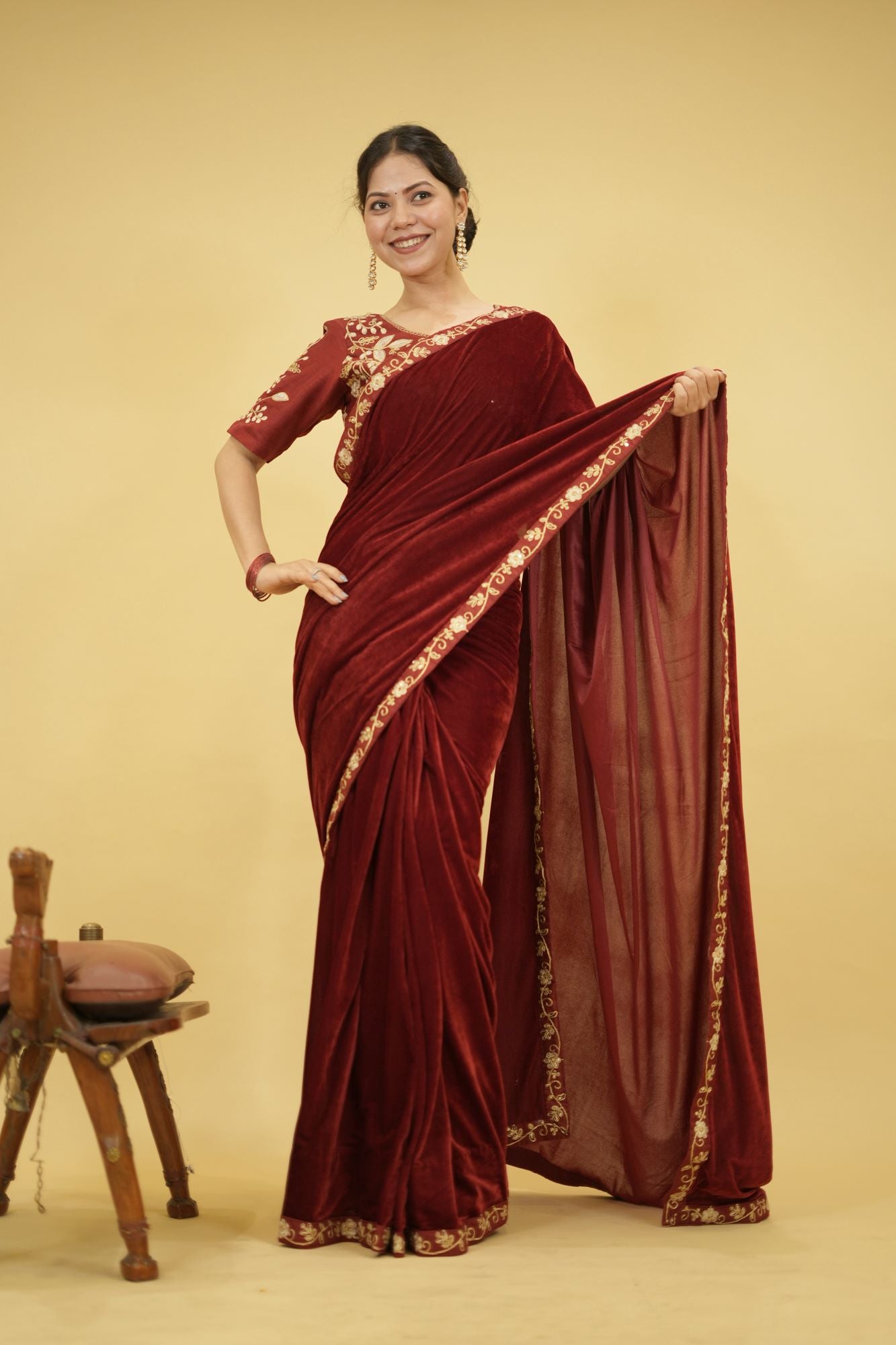 Velvet Embroidered Saree with Sequins Cording Lace Border Ready To Wear Saree with stitched blouse