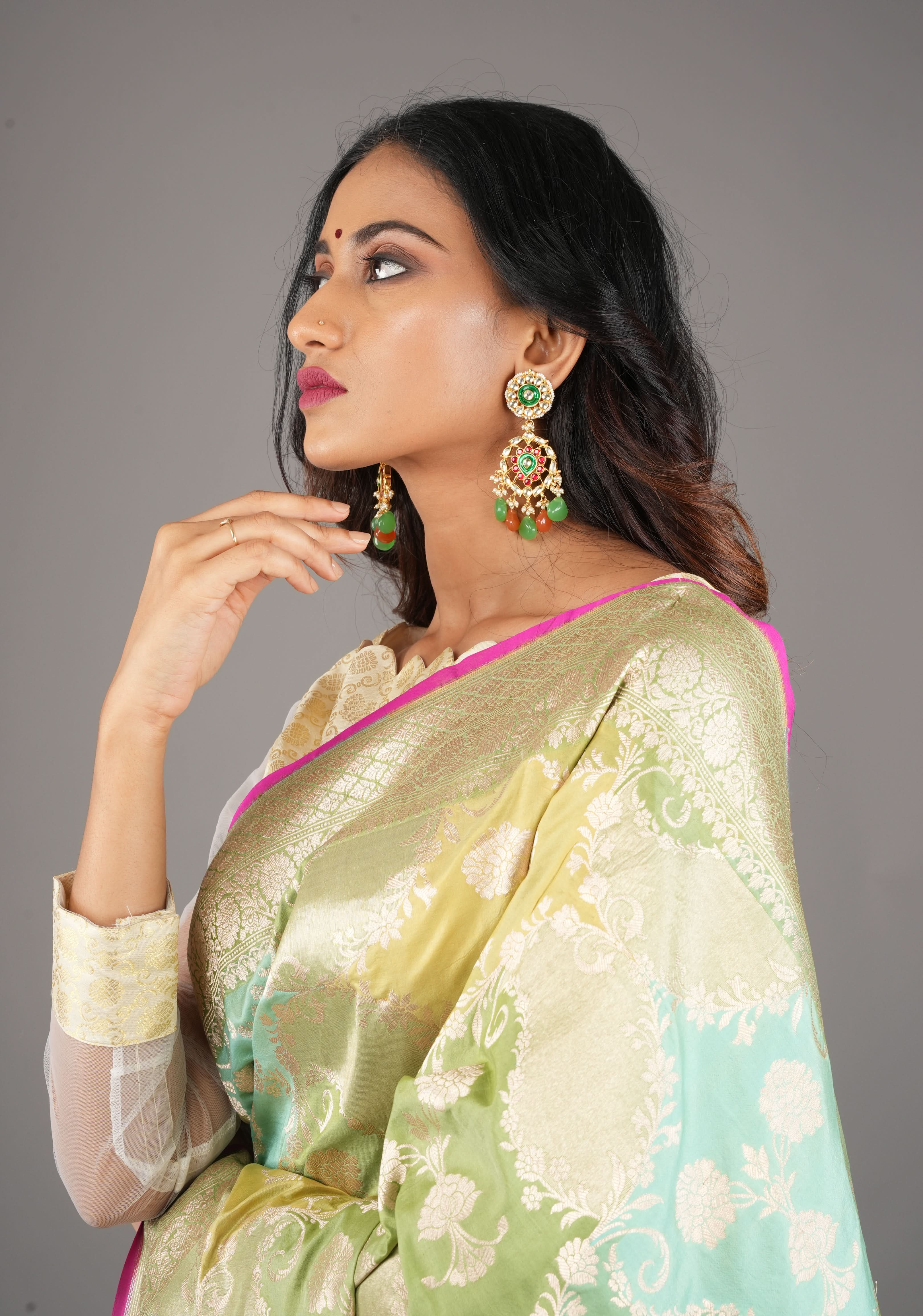 Kemp Stone Long earrings with dangling pearls and Beads in green, orange | Shobitam Jewelry