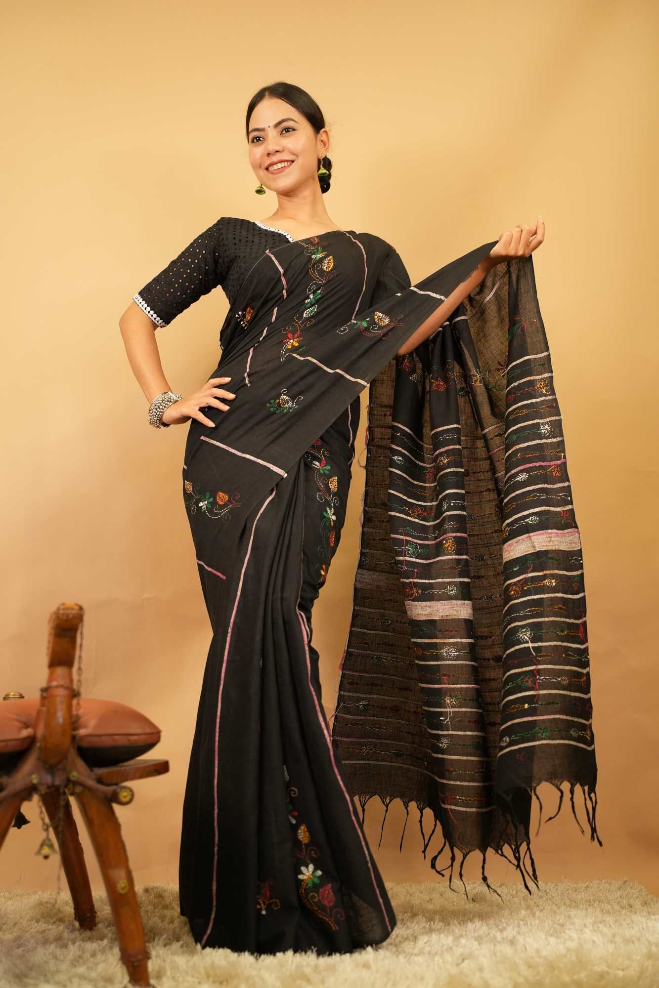 Khesh Kantha with embroidery stitch work all over ready to wear saree