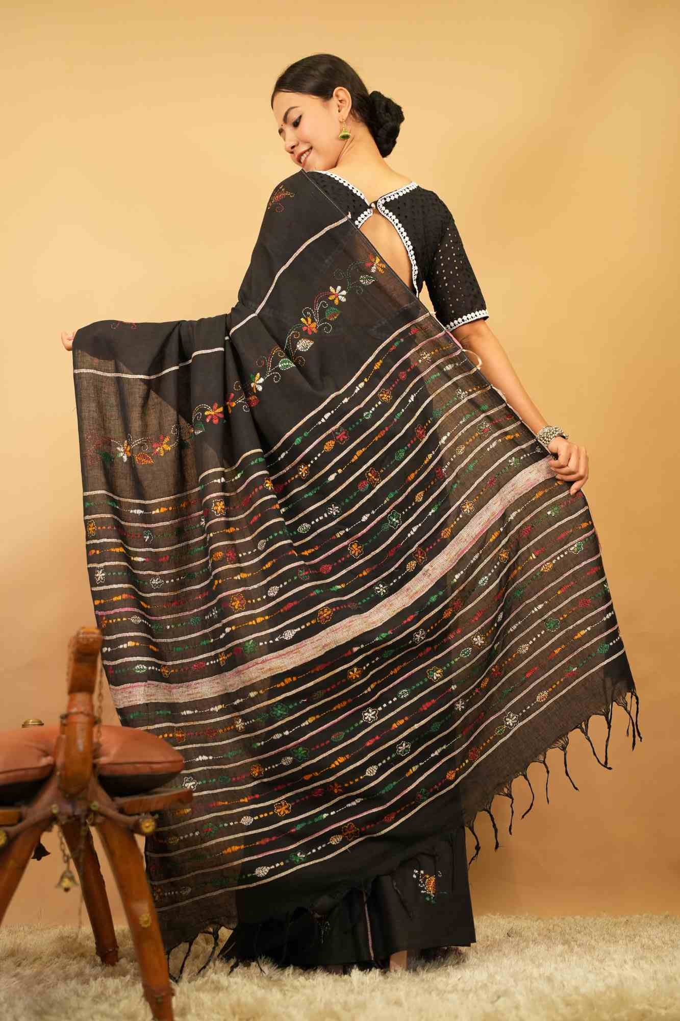 Khesh Kantha with embroidery stitch work all over ready to wear saree