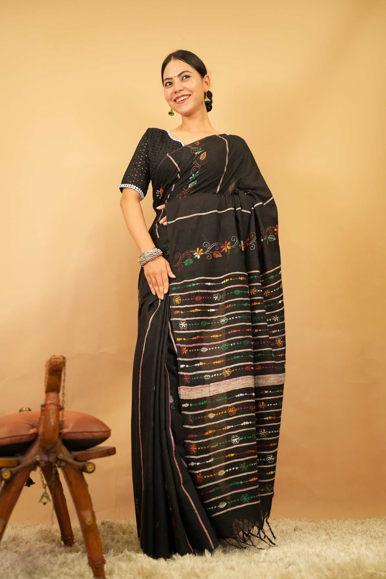 Khesh Kantha with embroidery stitch work all over ready to wear saree