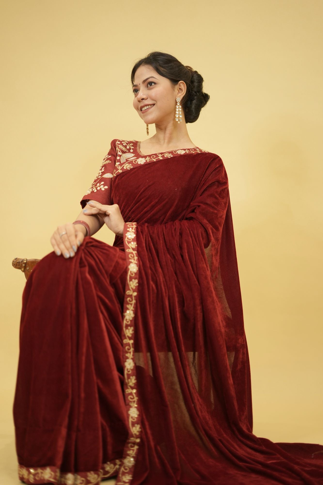 Velvet Embroidered Saree with Sequins Cording Lace Border Ready To Wear Saree with stitched blouse