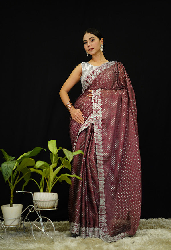 Beautiful Onion Pink Georgette Silver Zari Fine Embroidery Border With Silver Sparkle overall Wrap in 1 minute saree