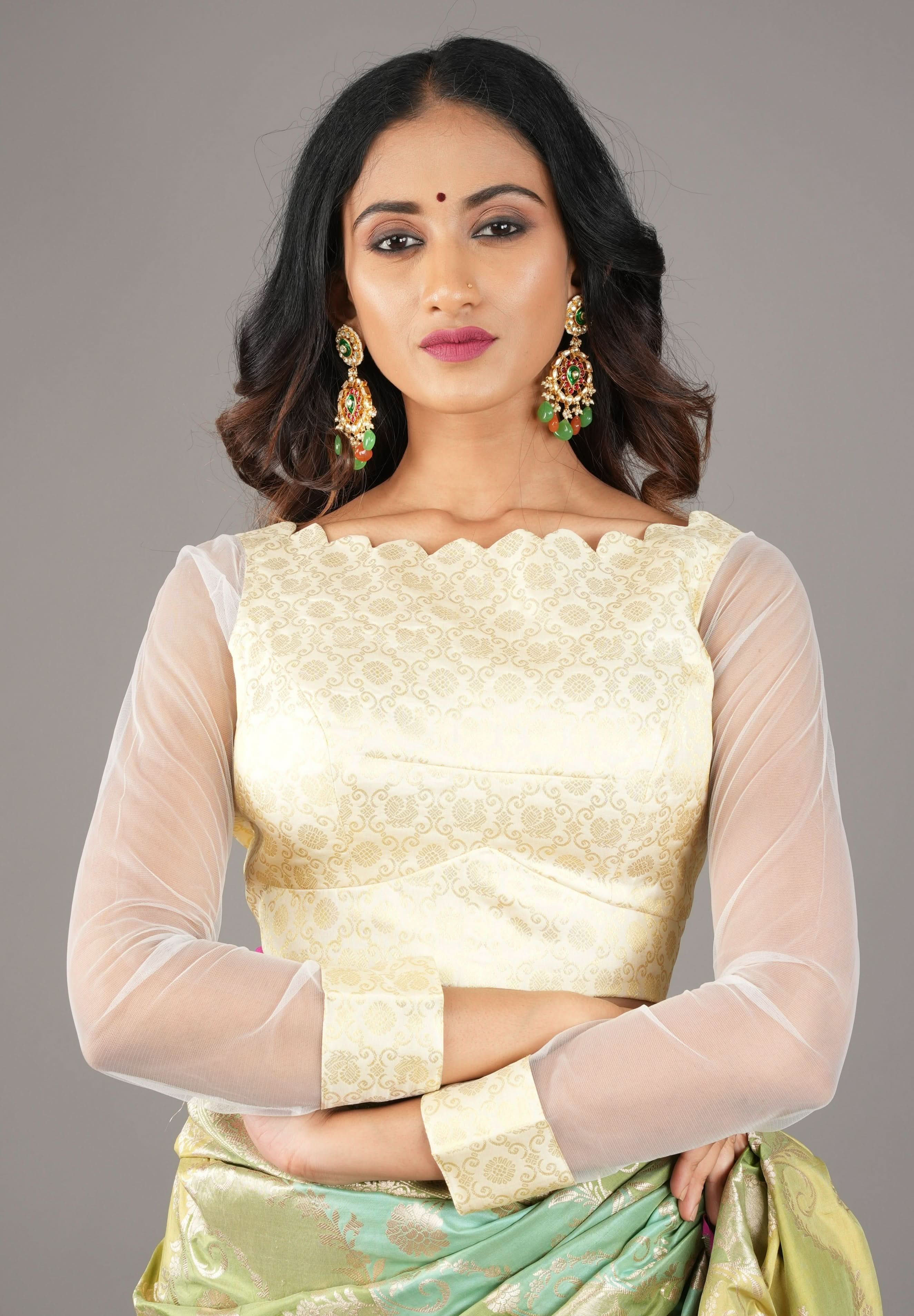 Ivory Kanjivaram Brocade Pure Silk Blouse with Scalloped Neckline and Sheer Sleeves, customizable, made-to-order | Shobitam