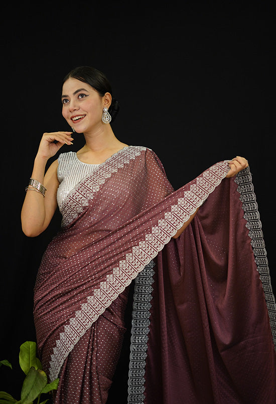 Beautiful Onion Pink Georgette Silver Zari Fine Embroidery Border With Silver Sparkle overall Wrap in 1 minute saree