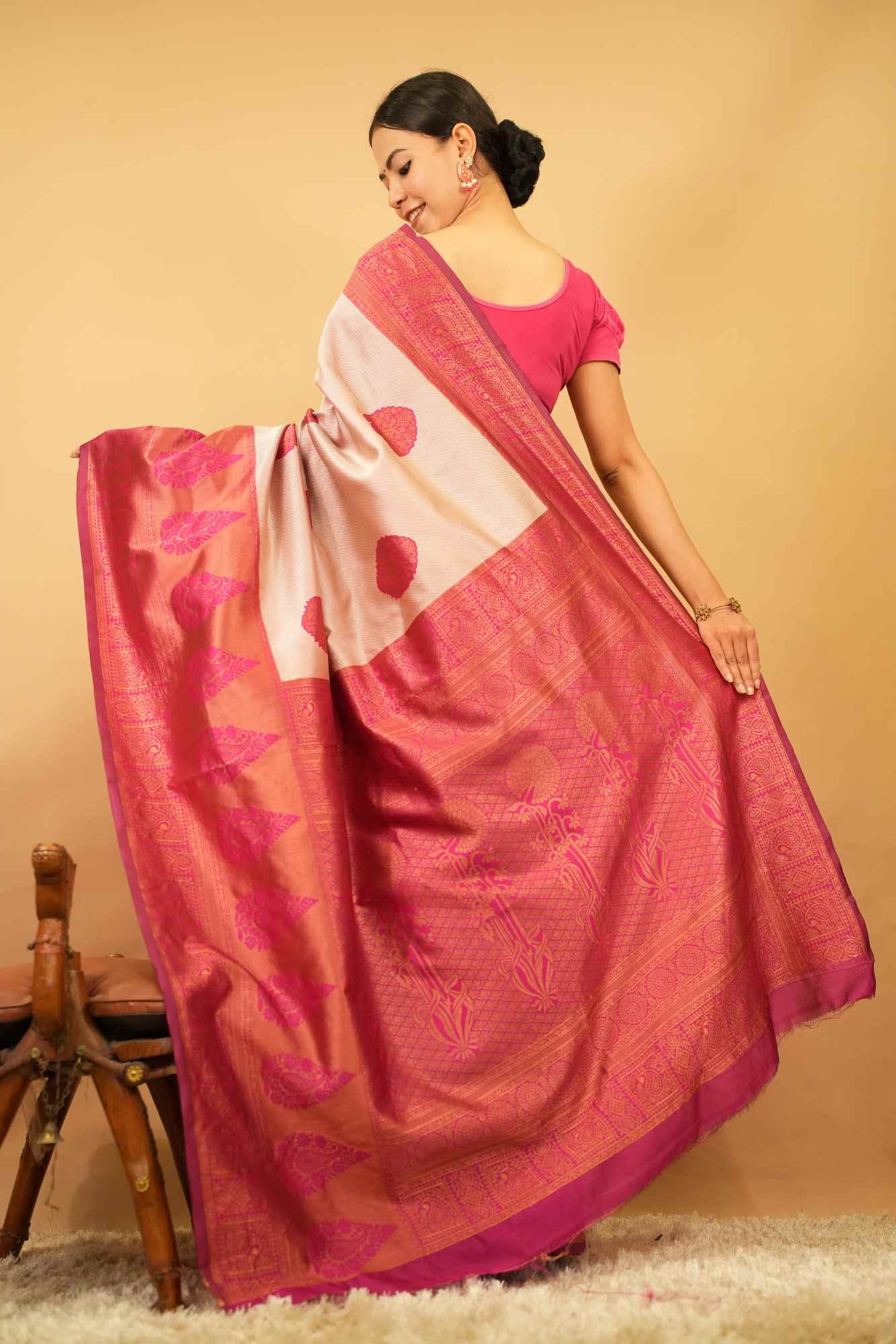 Kanchipuram  With Motif Woven Jacquard Weave Bordered Wrap In One Minute Saree