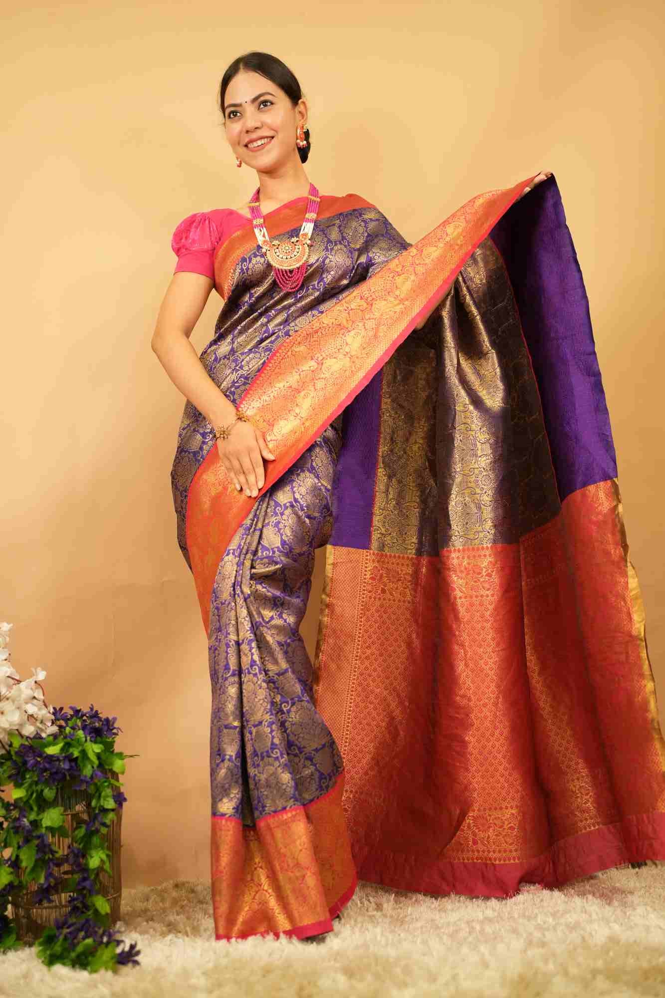 Kanjivaram Pattu Purple Banarasi Brocade  With Red Zari Bordered Paisley  Ready To Wear Saree