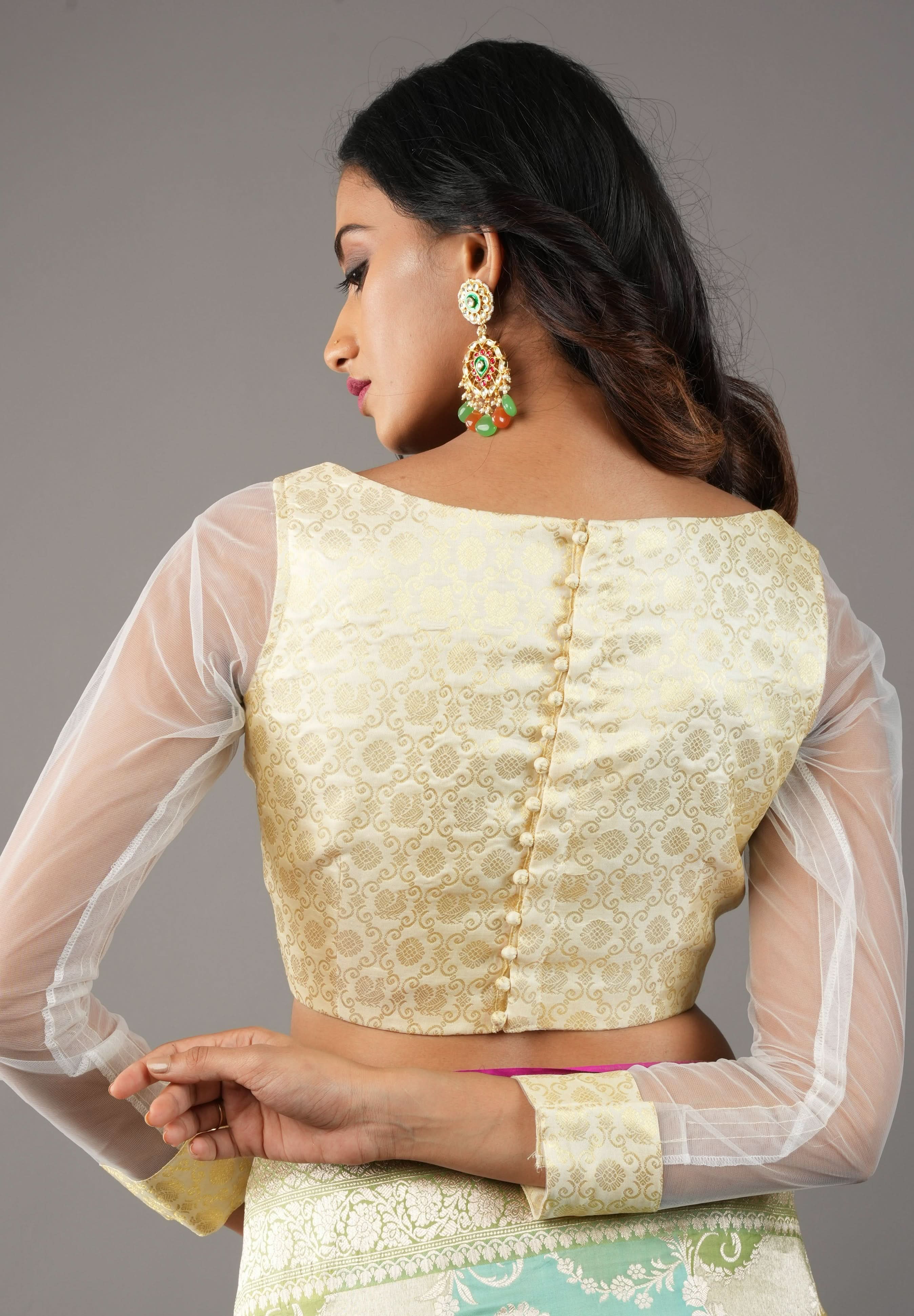 Ivory Kanjivaram Brocade Pure Silk Blouse with Scalloped Neckline and Sheer Sleeves, customizable, made-to-order | Shobitam