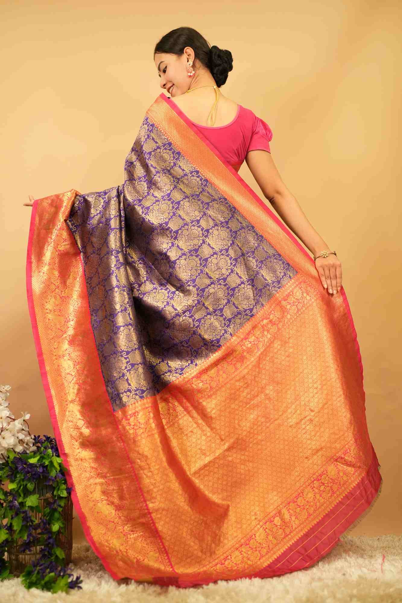 Kanjivaram Pattu Purple Banarasi Brocade  With Red Zari Bordered Paisley  Ready To Wear Saree