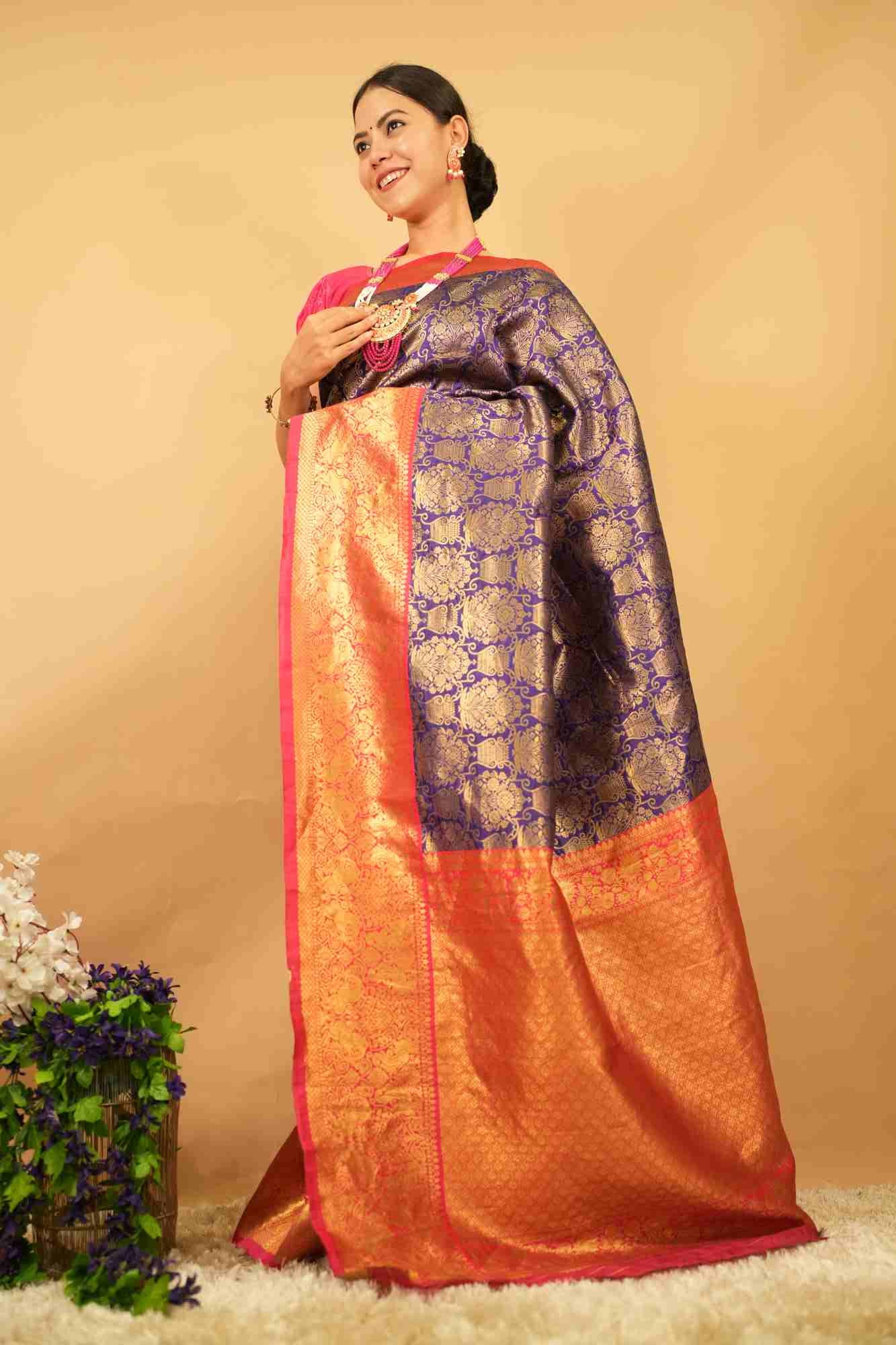 Kanjivaram Pattu Purple Banarasi Brocade  With Red Zari Bordered Paisley  Ready To Wear Saree