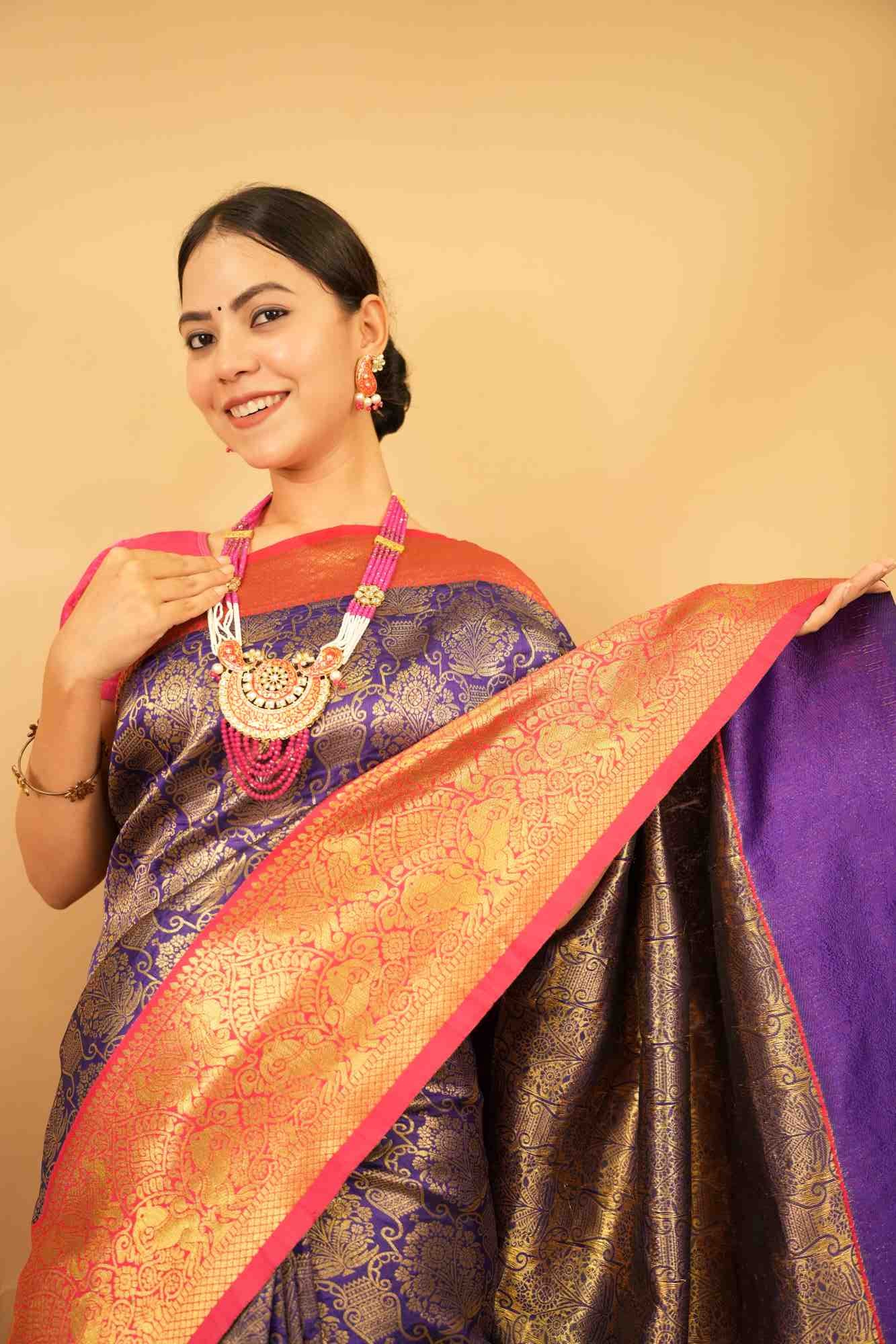 Kanjivaram Pattu Purple Banarasi Brocade  With Red Zari Bordered Paisley  Ready To Wear Saree