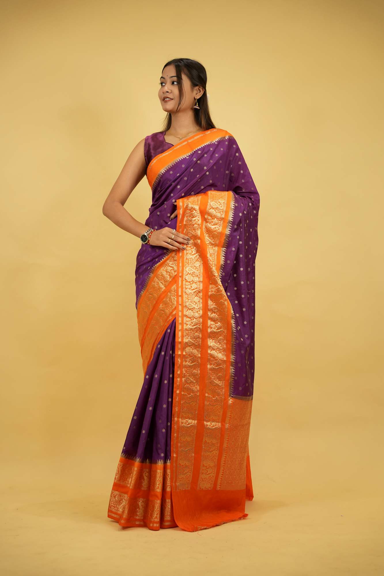 South silk with butis and woven zari contrast border prestitched saree