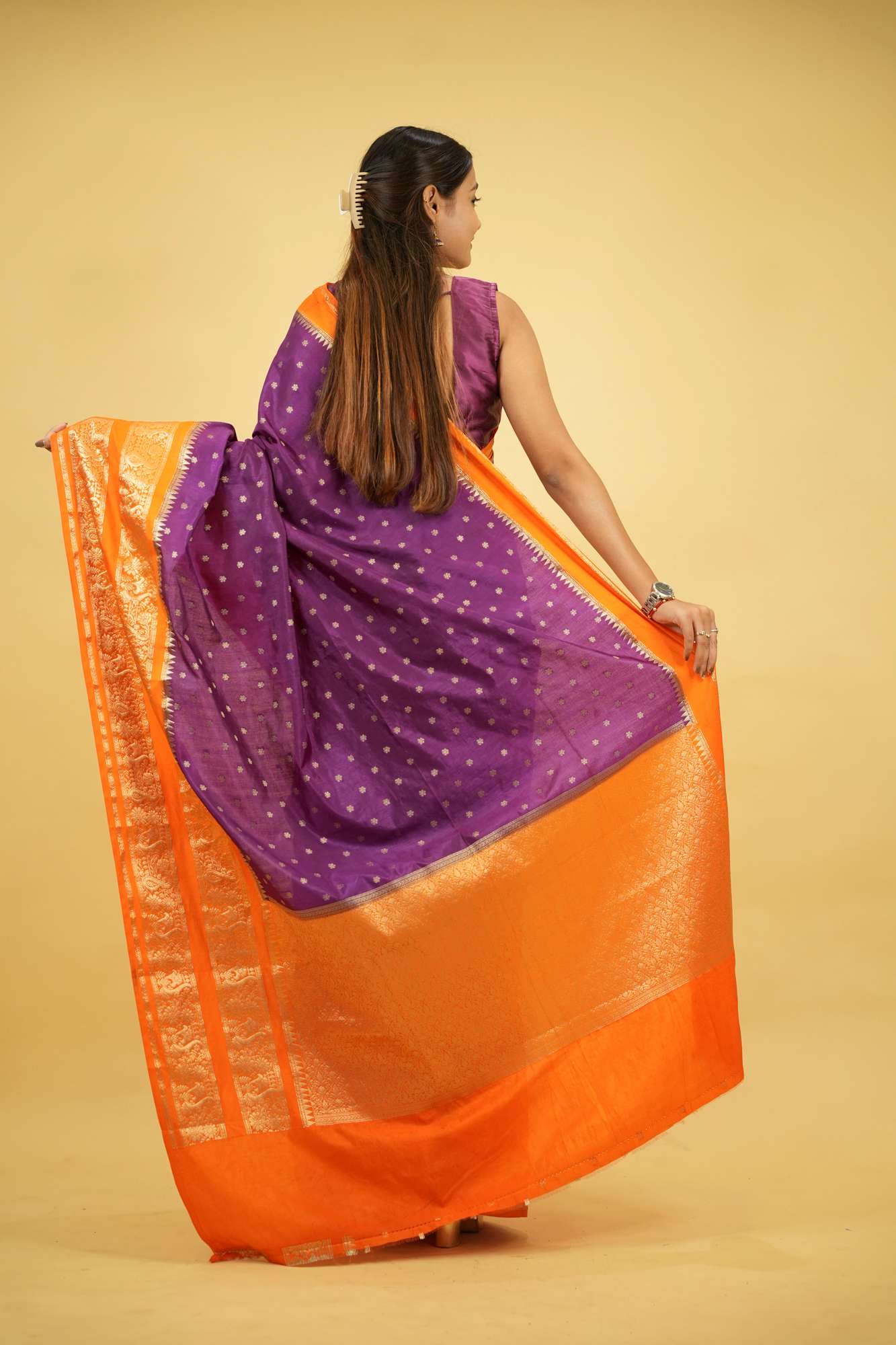 South silk with butis and woven zari contrast border prestitched saree