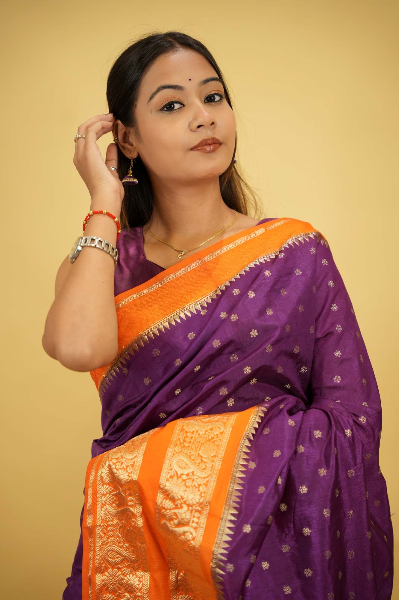 South silk with butis and woven zari contrast border prestitched saree