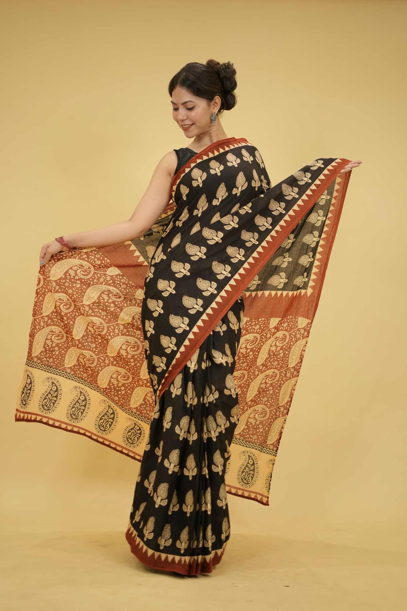 Jaipuri Black Mulmul Cotton with Hand Block Print Ready to Wear Saree