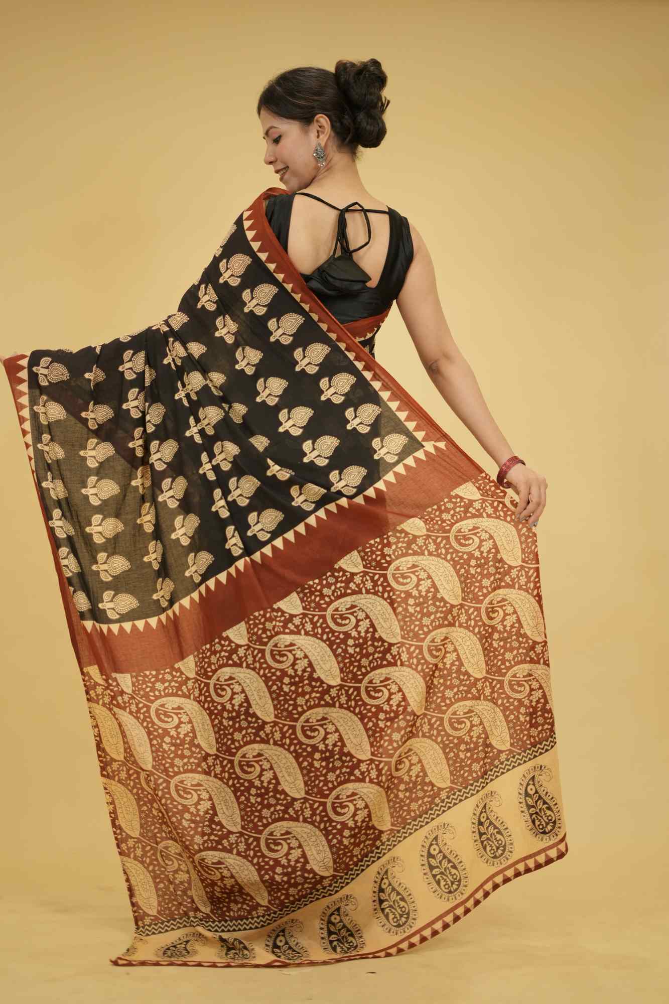 Jaipuri Black Mulmul Cotton with Hand Block Print Ready to Wear Saree