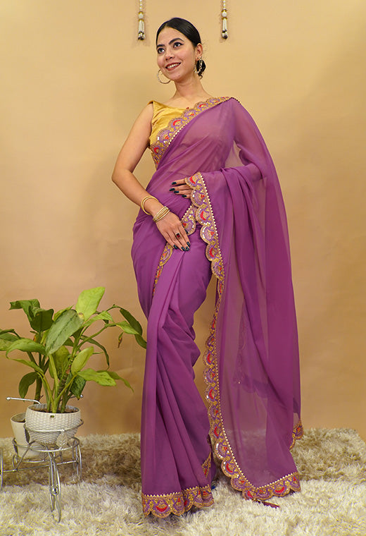 Stylish Purple Georgette With Designer Scallop Sequence Embellished Bordered  Wrap in 1 minute saree