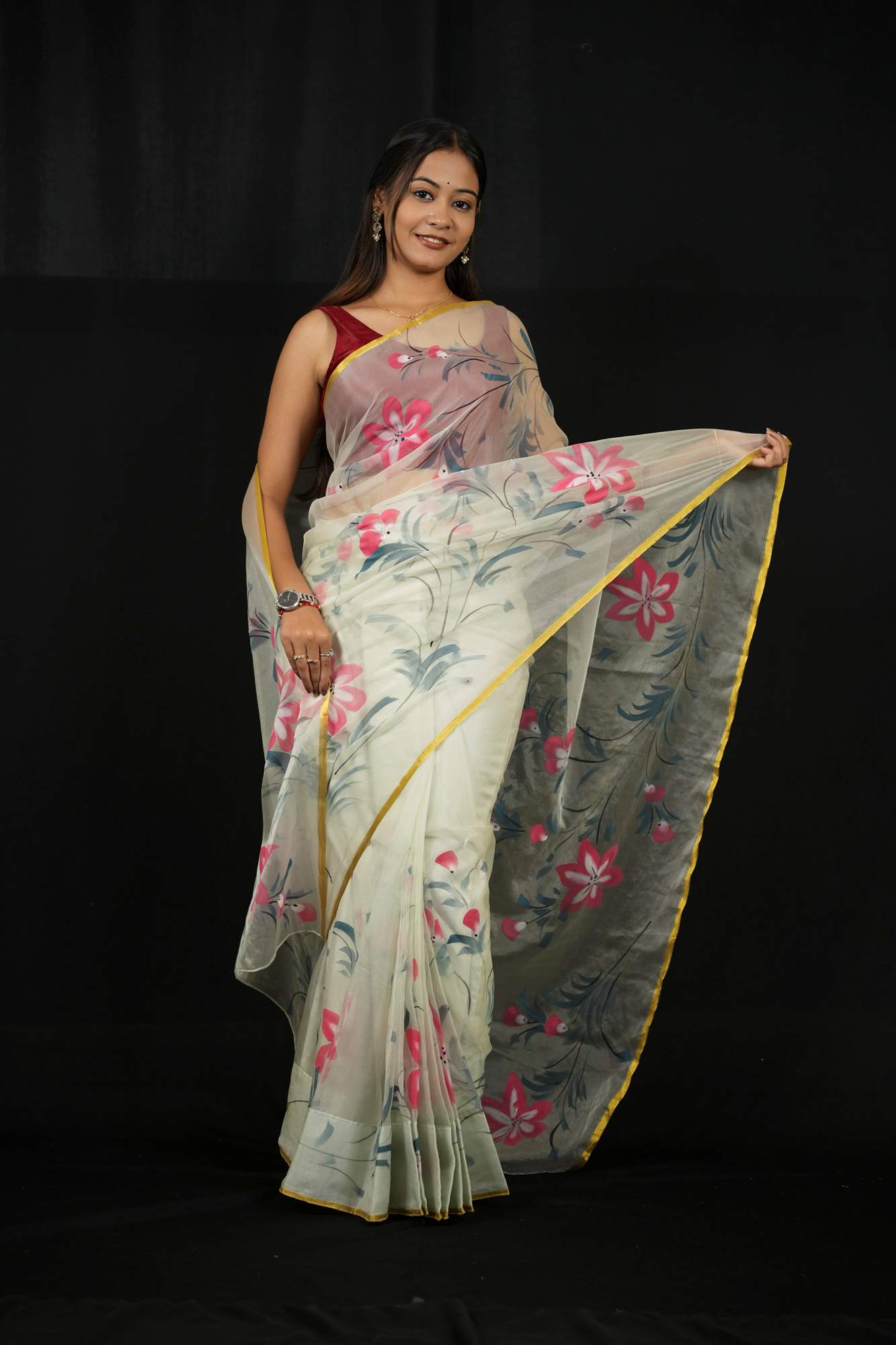 Light Grey Organza with Red Floral Hand-Painting and Golden Border Ready To Wear Saree
