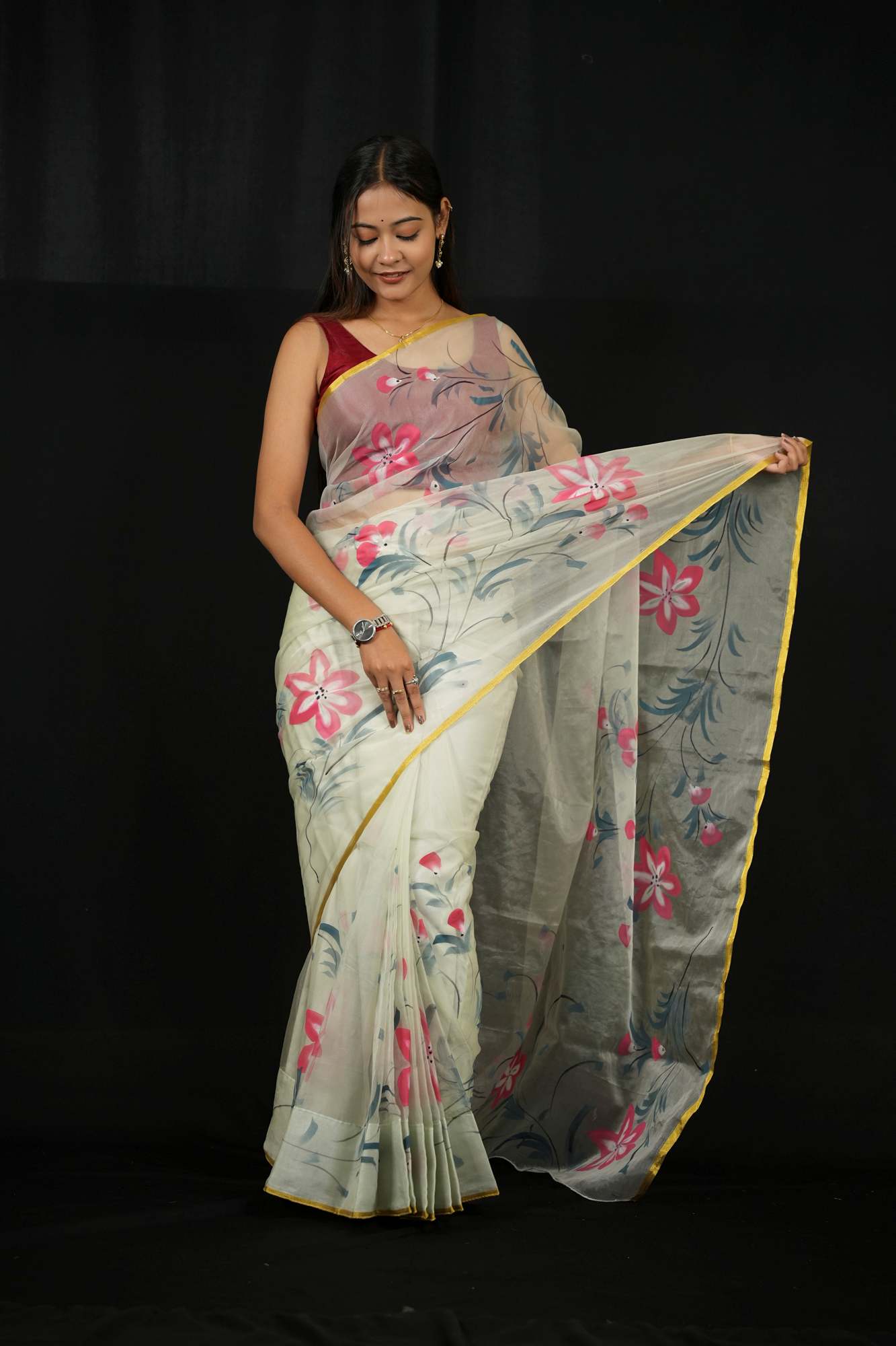 Light Grey Organza with Red Floral Hand-Painting and Golden Border Ready To Wear Saree