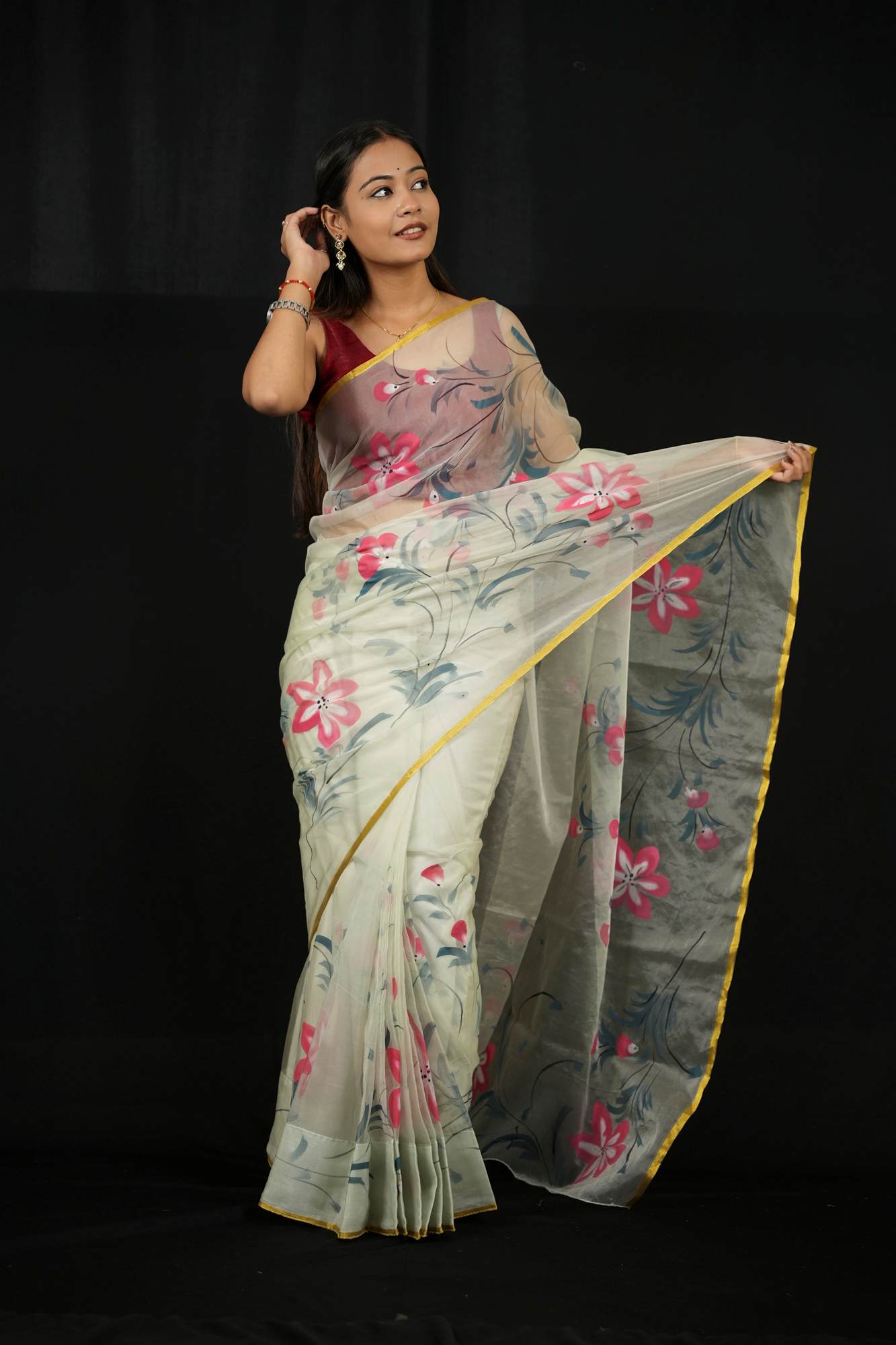 Light Grey Organza with Red Floral Hand-Painting and Golden Border Ready To Wear Saree