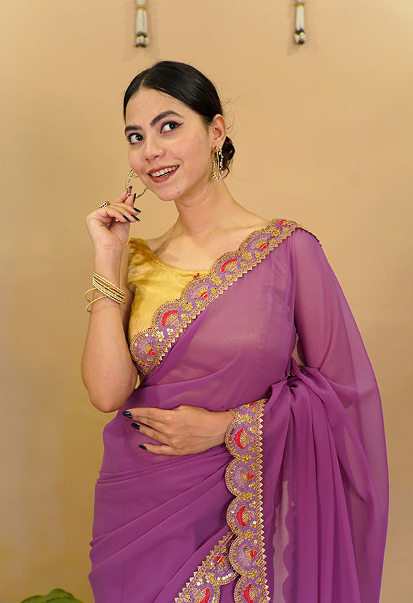 Stylish Purple Georgette With Designer Scallop Sequence Embellished Bordered  Wrap in 1 minute saree
