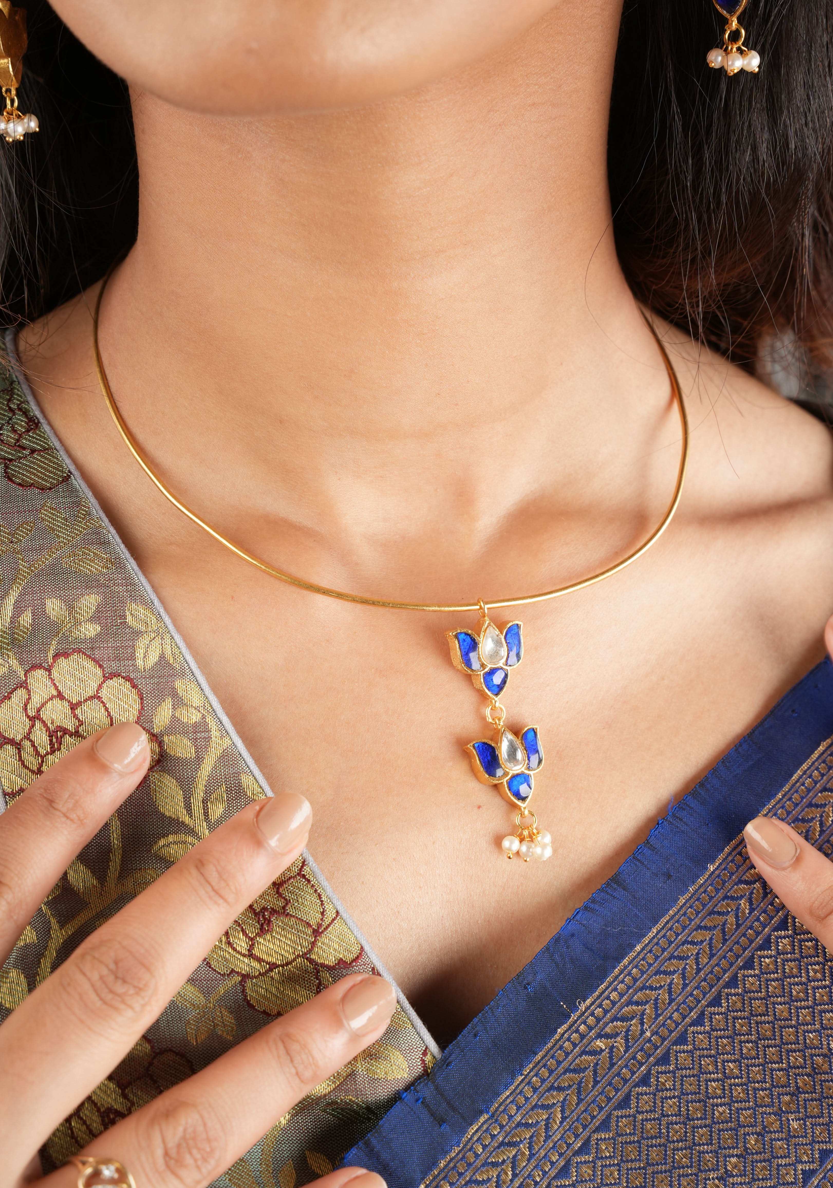 Double Lotus Minimalistic Wire base necklace and earring Set in Blue and White Stones | Shobitam Jewelry