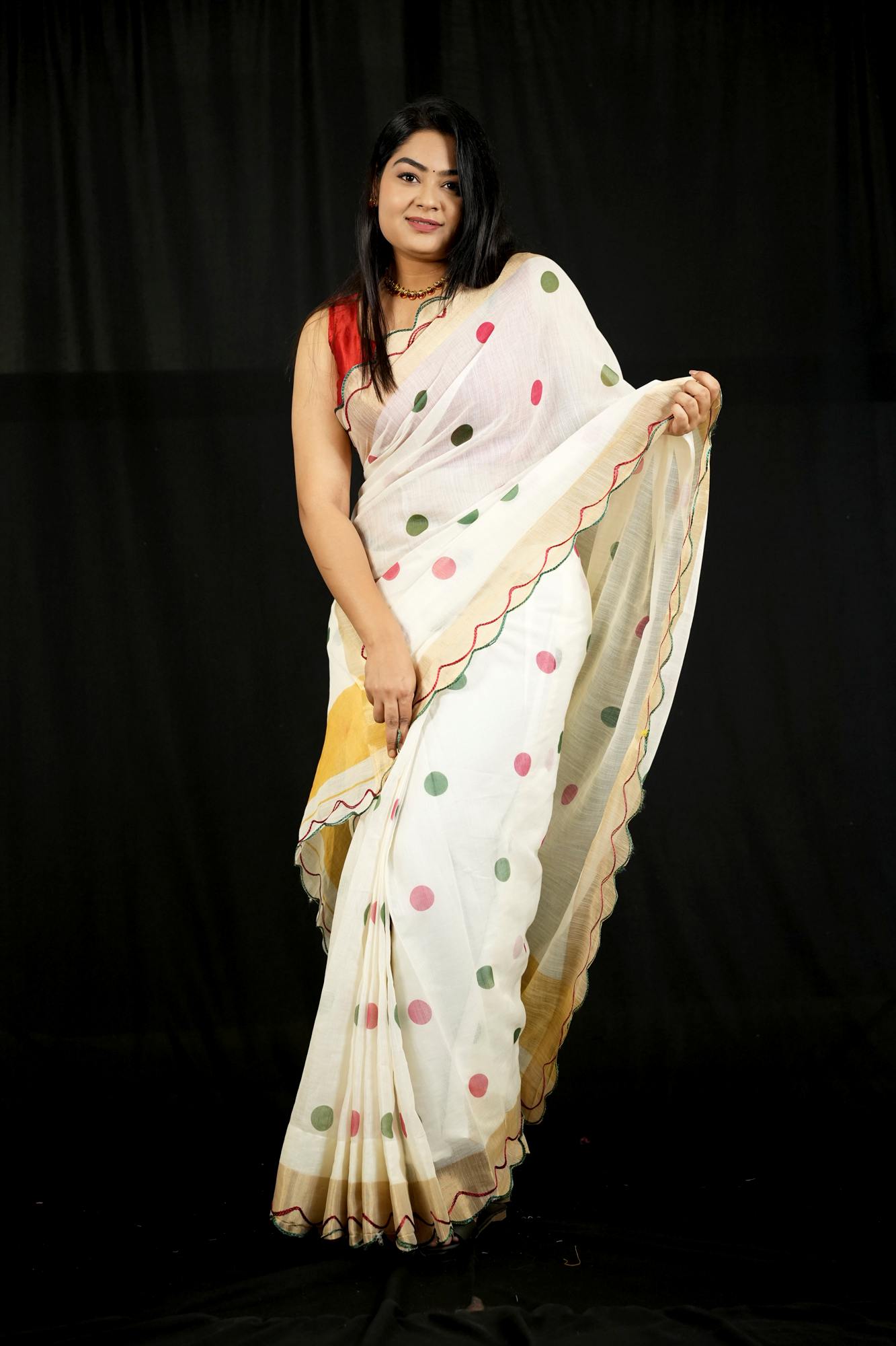 Polka Linen with Gold Zari and Scallop Border Ready To Wear Saree